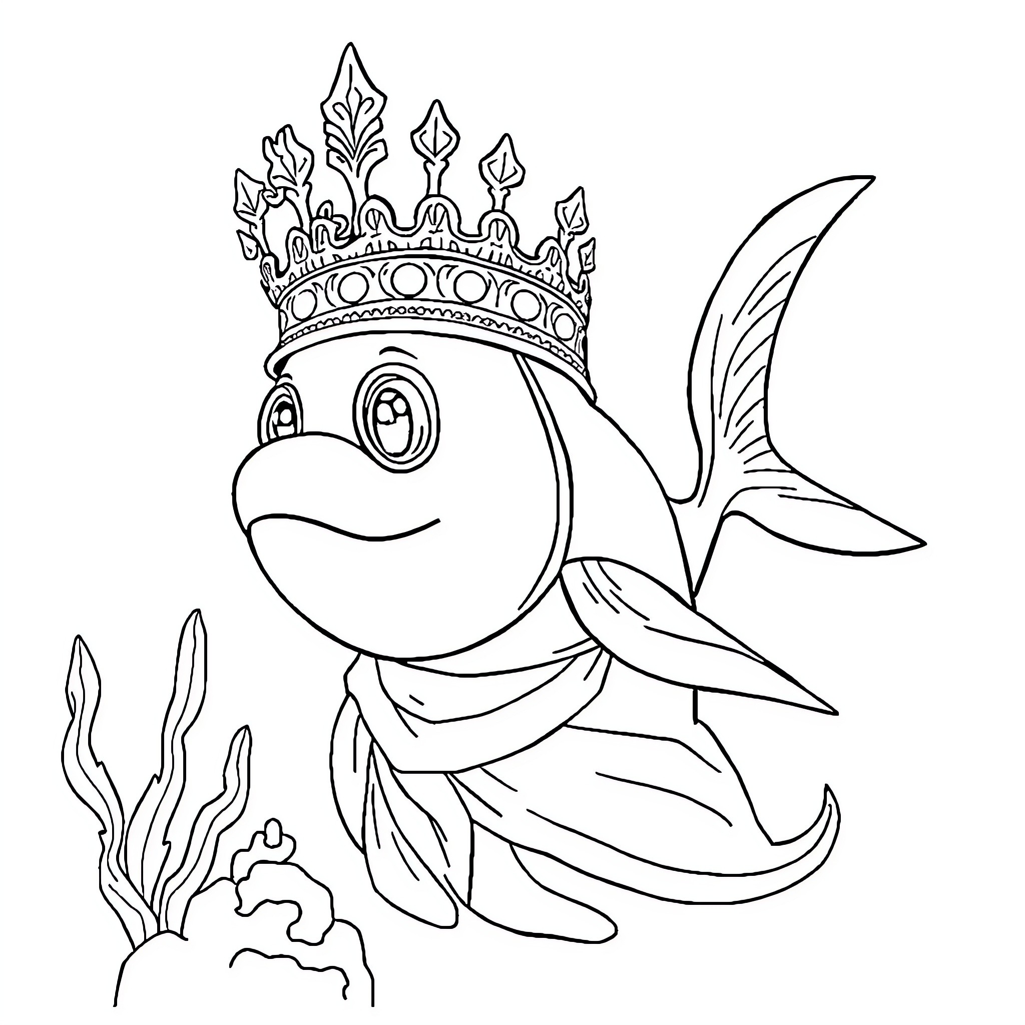 Bear wearing a crown underwater Coloring Page (free black-and-white line drawing printable PDF for all, from beginners to advanced learners, including children, teens, adults, and seniors)