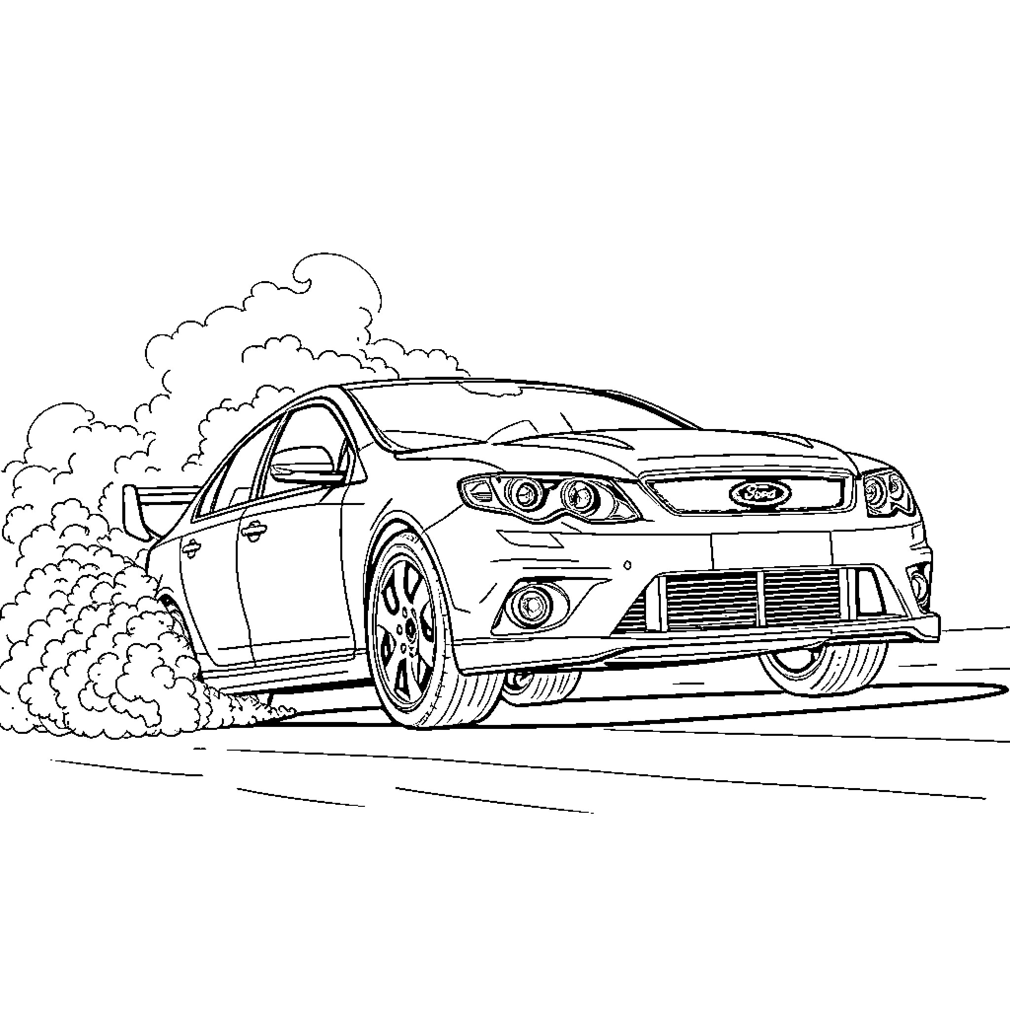 Ford Falcon speeding through the countryside Coloring Page (free black-and-white line drawing printable PDF for all, from beginners to advanced learners, including children, teens, adults, and seniors)