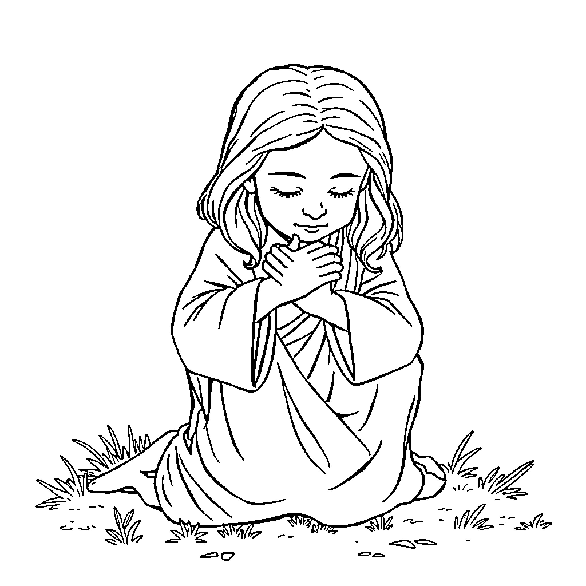 Jesus praying humbly in a serene setting Coloring Page (free black-and-white line drawing printable PDF for all, from beginners to advanced learners, including children, teens, adults, and seniors)