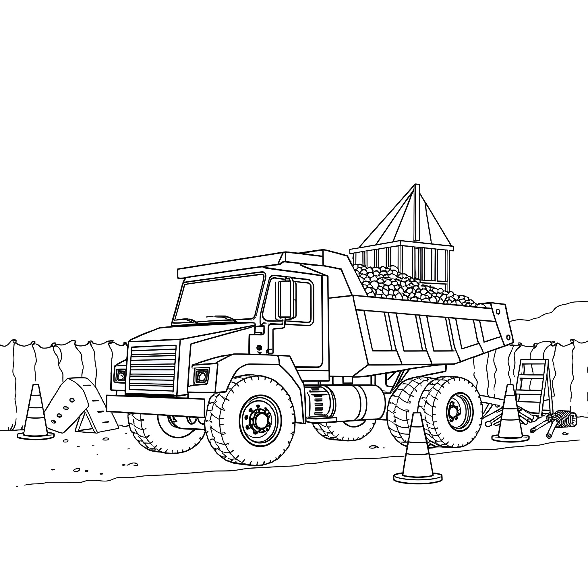 Dump Truck Carrying Heavy Load on Construction Site Coloring Page (free black-and-white line drawing printable PDF for all, from beginners to advanced learners, including children, teens, adults, and seniors)