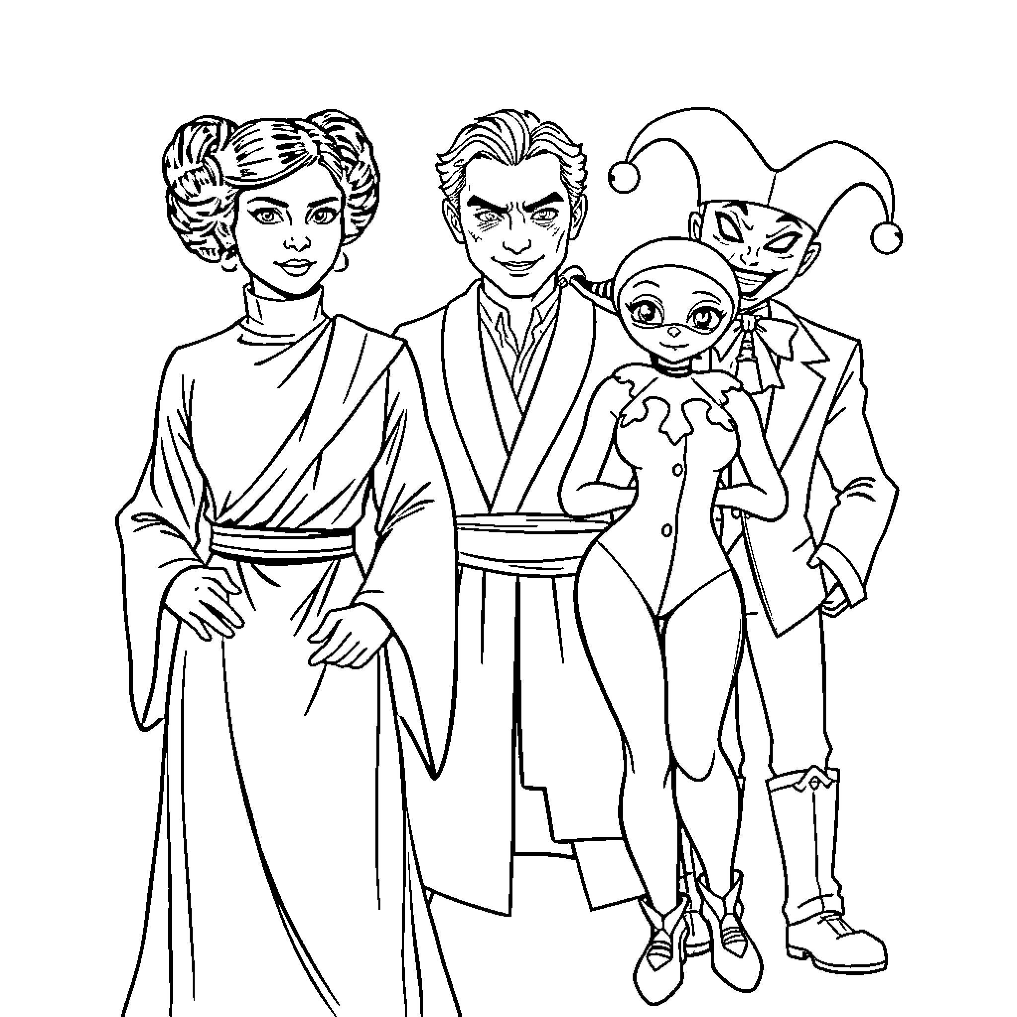 Princess and Her Courtly Companions Coloring Page (free black-and-white line drawing printable PDF for all, from beginners to advanced learners, including children, teens, adults, and seniors)