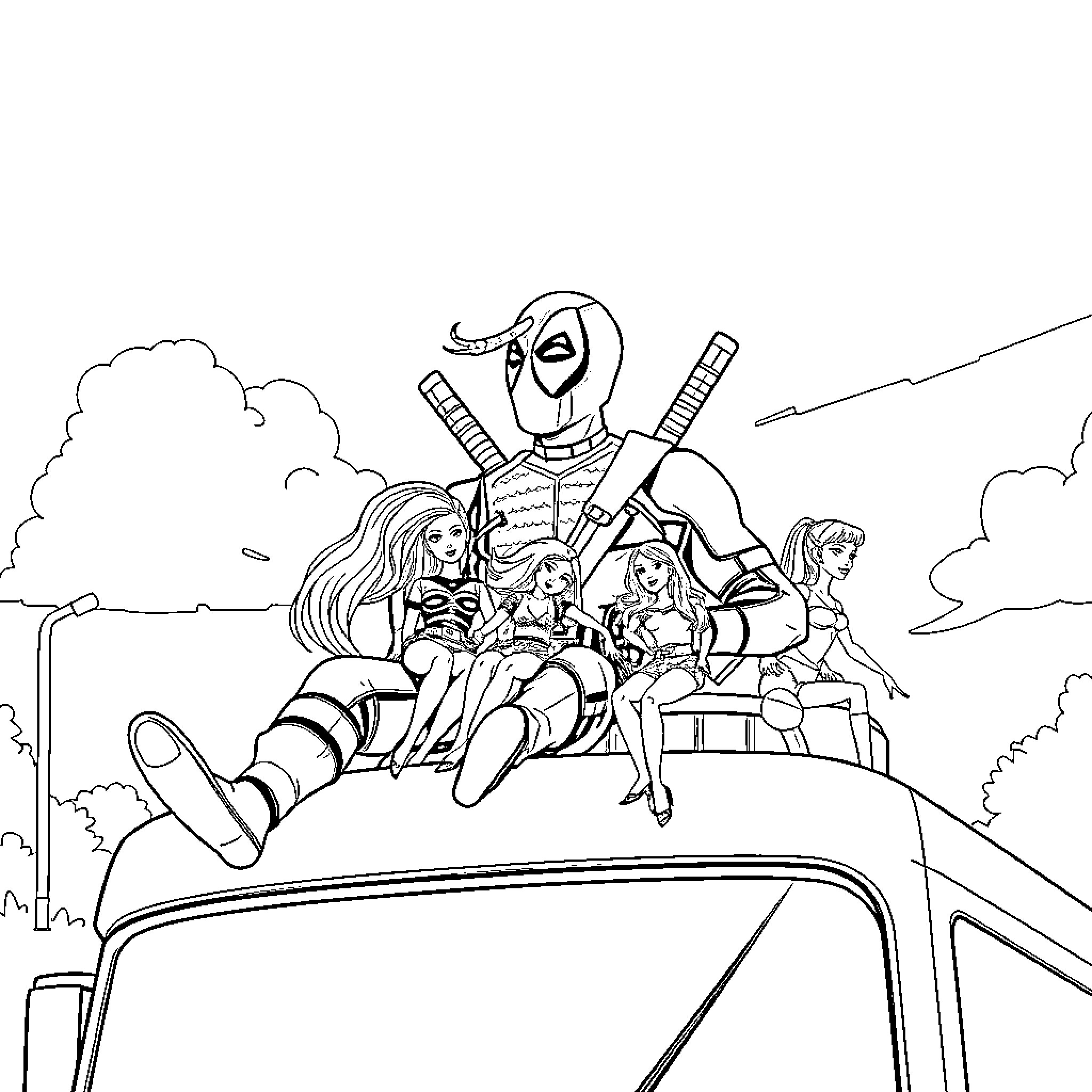Deadpool and crew on wild ride adventure Coloring Page (free black-and-white line drawing printable PDF for all, from beginners to advanced learners, including children, teens, adults, and seniors)