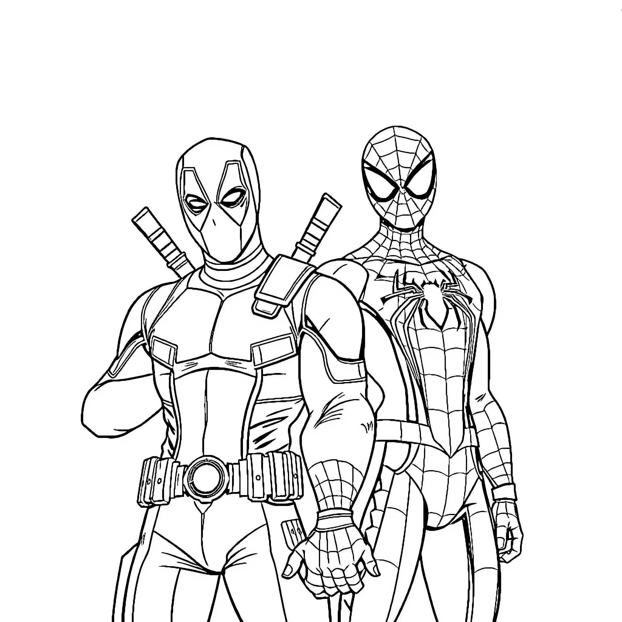Deadpool and Spiderman in Heroic Pose Coloring Page (free black-and-white line drawing printable PDF for all, from beginners to advanced learners, including children, teens, adults, and seniors)