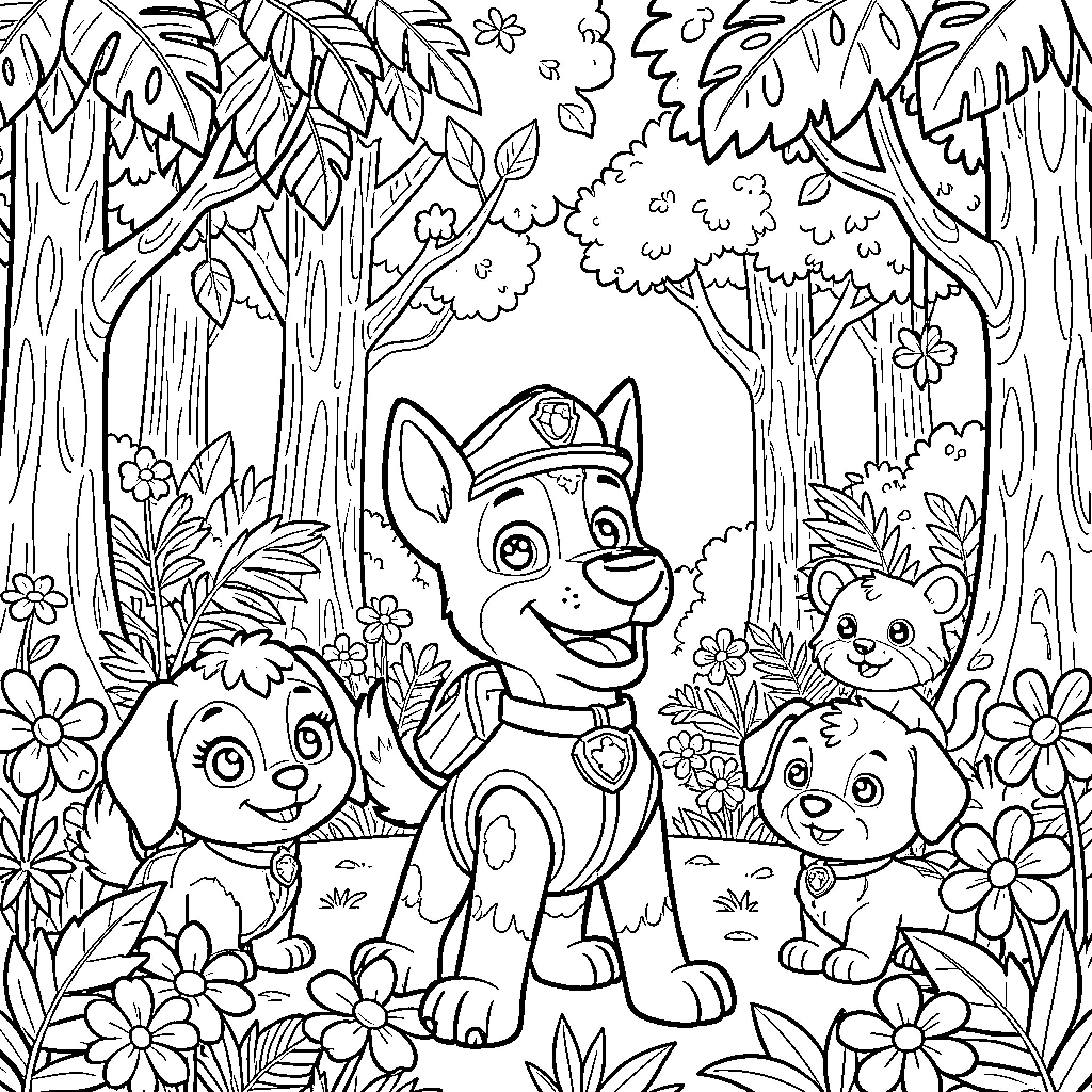 Paw Patrol characters exploring the forest Coloring Page (free black-and-white line drawing printable PDF for all, from beginners to advanced learners, including children, teens, adults, and seniors)
