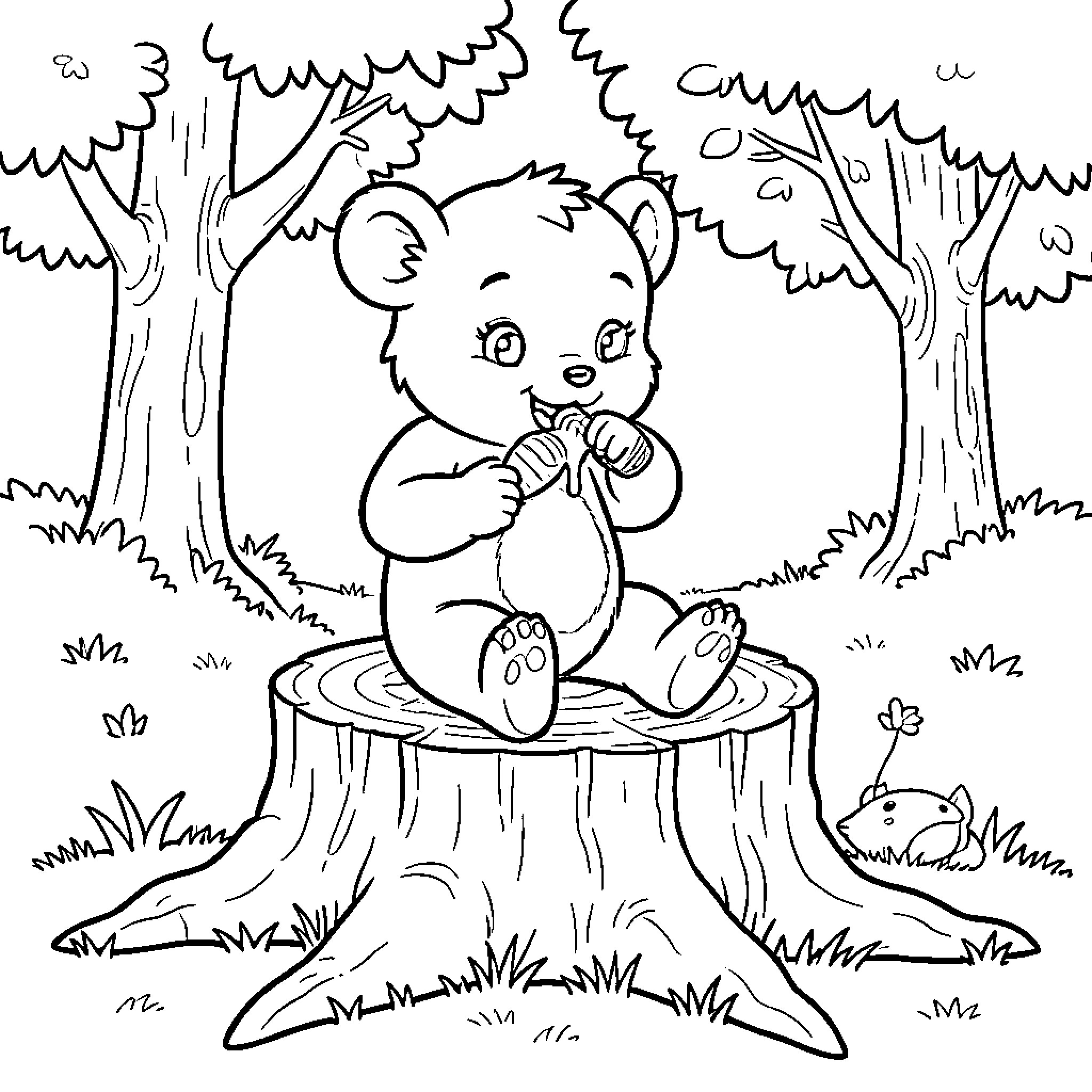 Winnie The Pooh sitting on a tree stump Coloring Page (free black-and-white line drawing printable PDF for all, from beginners to advanced learners, including children, teens, adults, and seniors)