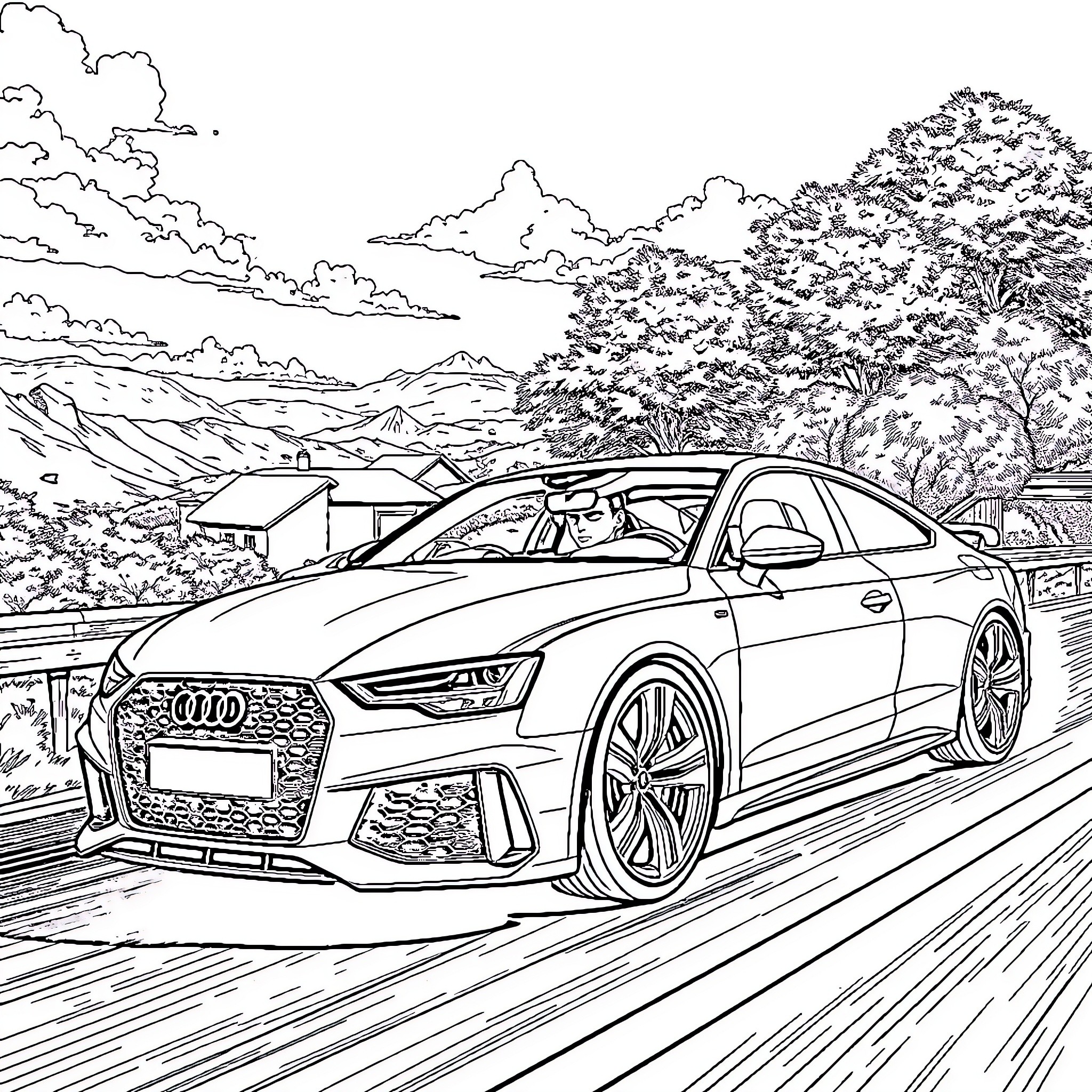 Superman drives high-powered sports car through scenic landscape Coloring Page (free black-and-white line drawing printable PDF for all, from beginners to advanced learners, including children, teens, adults, and seniors)