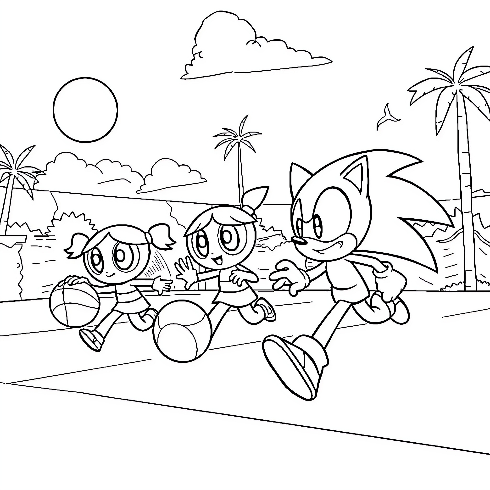 Powerpuff Girls playing on the beach Coloring Page (free black-and-white line drawing printable PDF for all, from beginners to advanced learners, including children, teens, adults, and seniors)