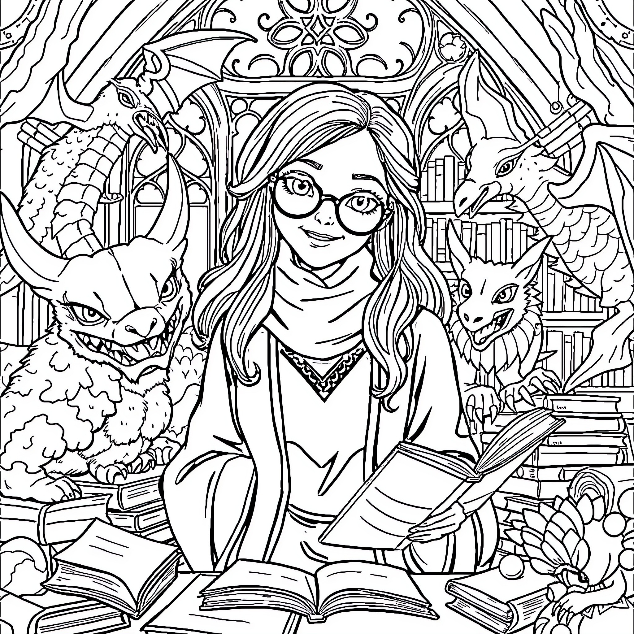 Hermine's Enchanting Library Adventure Coloring Page (free black-and-white line drawing printable PDF for all, from beginners to advanced learners, including children, teens, adults, and seniors)