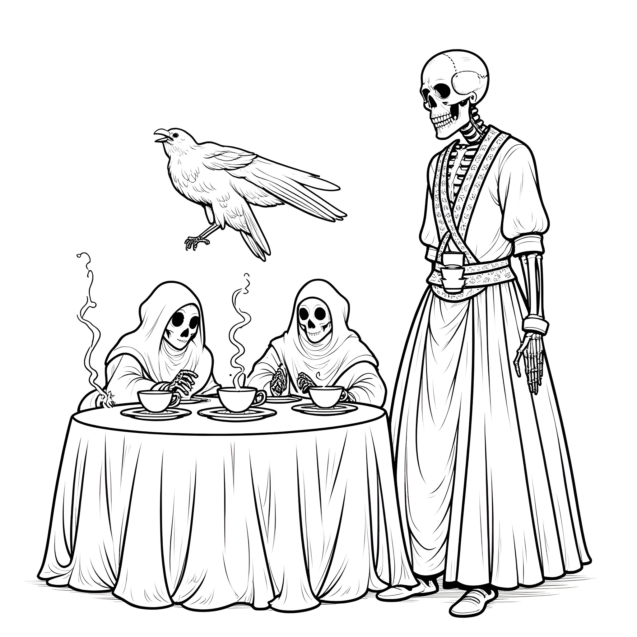 Skeleton figures in ceremonial robes and bird Coloring Page (free black-and-white line drawing printable PDF for all, from beginners to advanced learners, including children, teens, adults, and seniors)