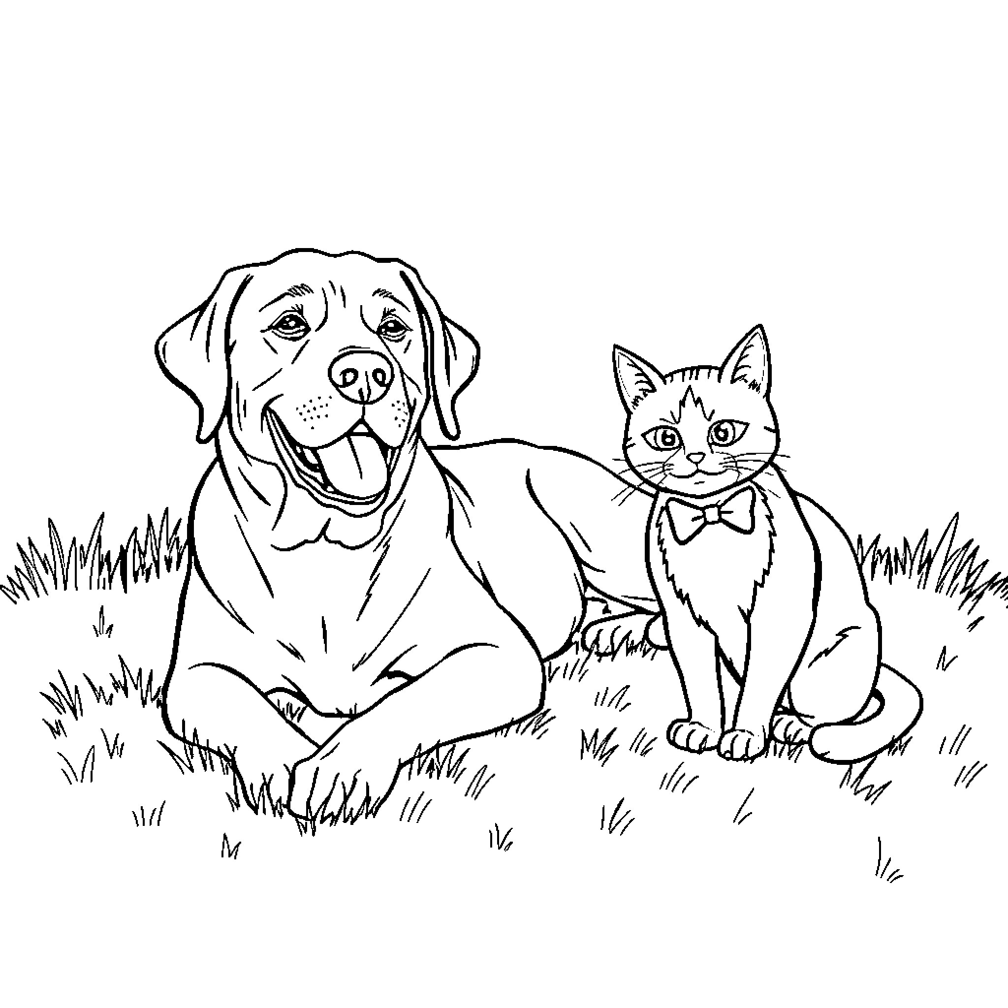 Labrador and Cat Enjoying Nature Together Coloring Page (free black-and-white line drawing printable PDF for all, from beginners to advanced learners, including children, teens, adults, and seniors)