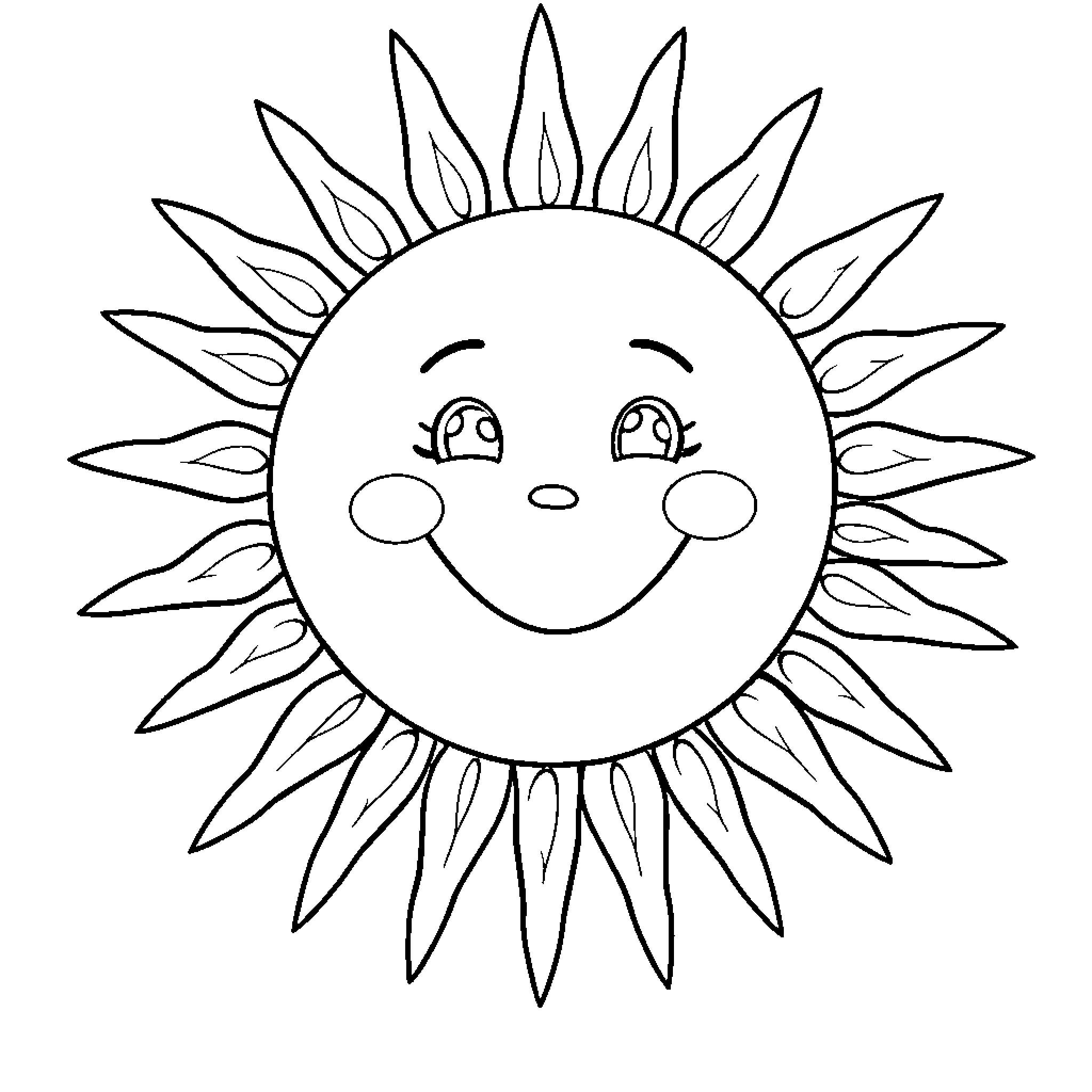 Sun shining with a cheerful expression Coloring Page (free black-and-white line drawing printable PDF for all, from beginners to advanced learners, including children, teens, adults, and seniors)