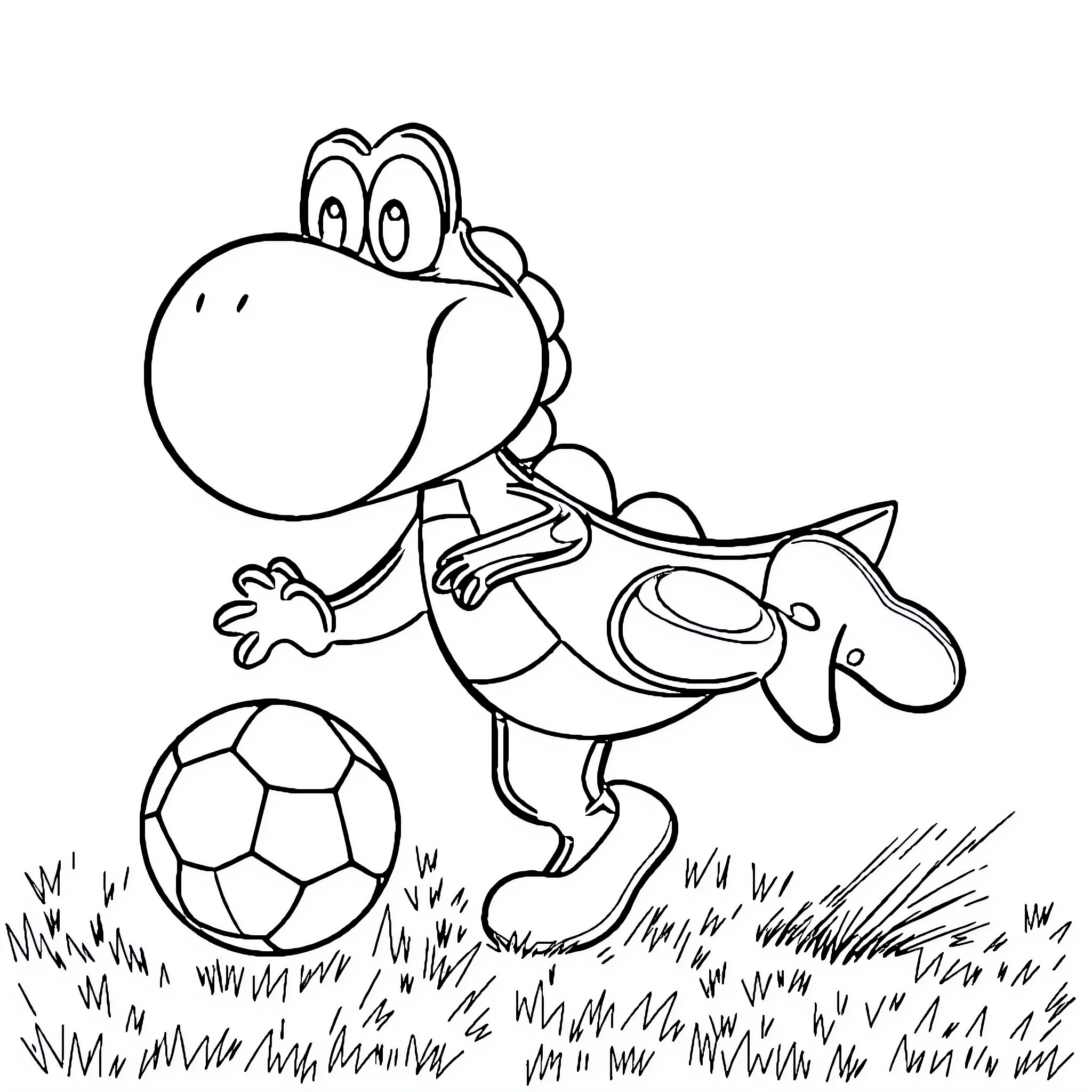 Yoshi playing with soccer ball in grassy field Coloring Page (free black-and-white line drawing printable PDF for all, from beginners to advanced learners, including children, teens, adults, and seniors)