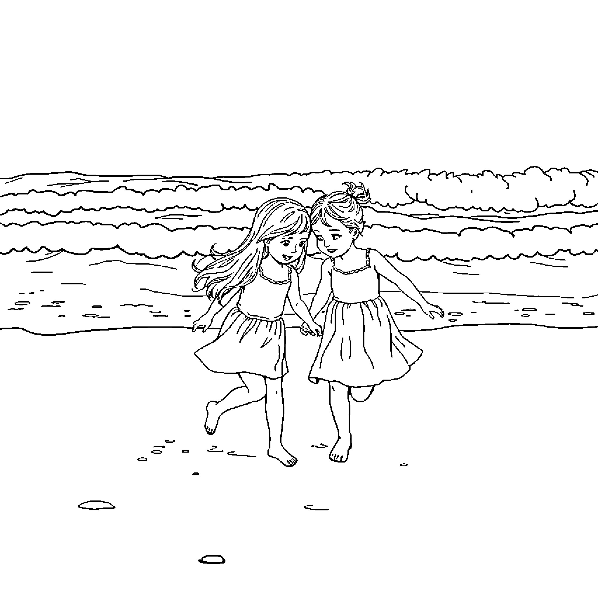 Sisters playing together on the beach Coloring Page (free black-and-white line drawing printable PDF for all, from beginners to advanced learners, including children, teens, adults, and seniors)