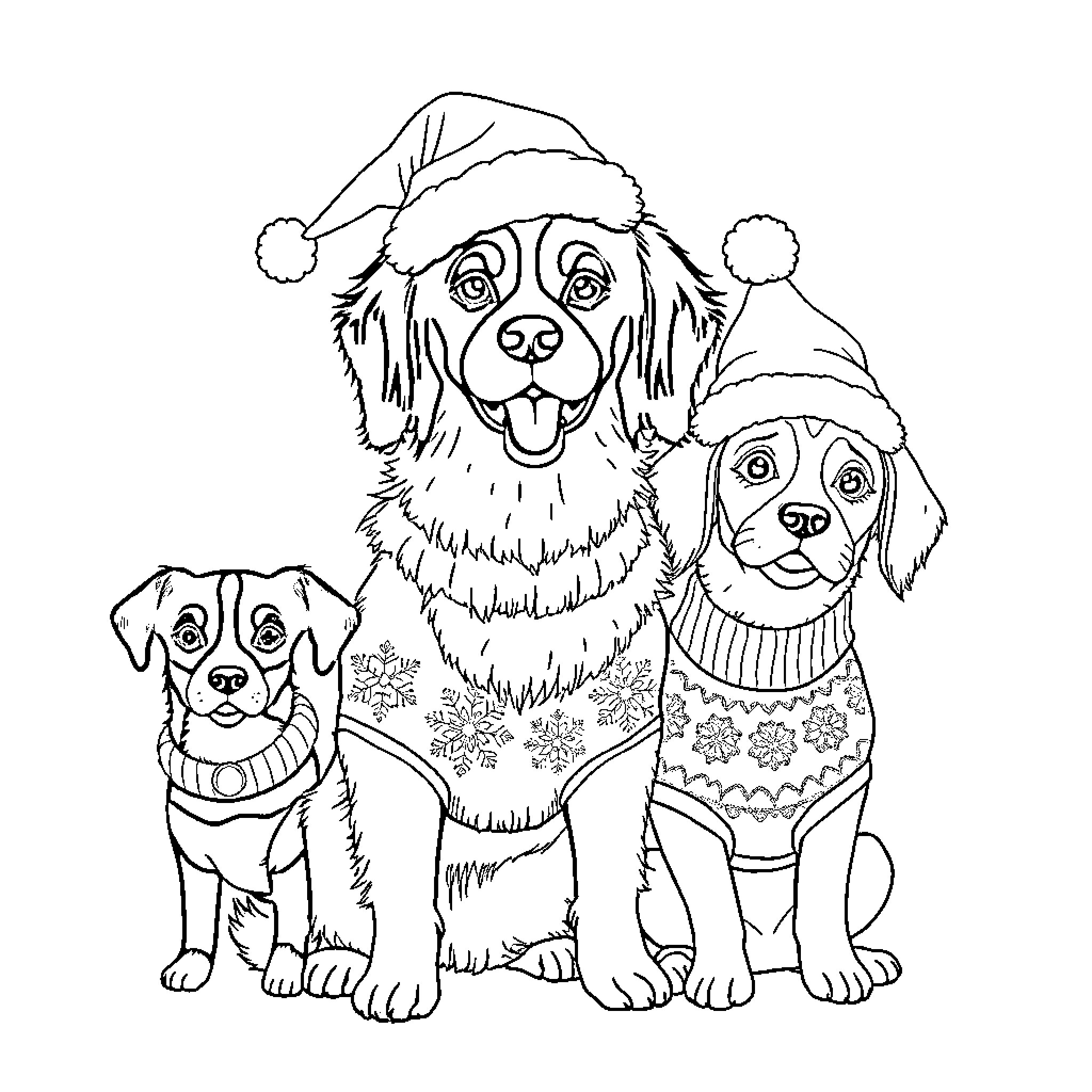 Dogs dressed in winter outfits Coloring Page (free black-and-white line drawing printable PDF for all, from beginners to advanced learners, including children, teens, adults, and seniors)