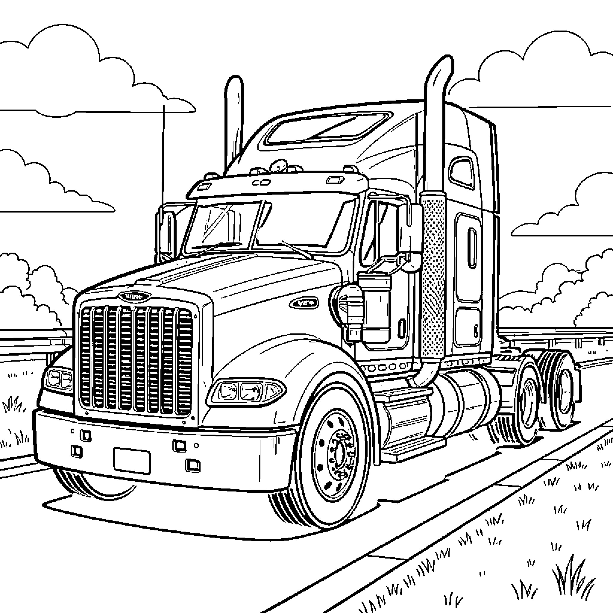 Truck driving on the open road Coloring Page (free black-and-white line drawing printable PDF for all, from beginners to advanced learners, including children, teens, adults, and seniors)