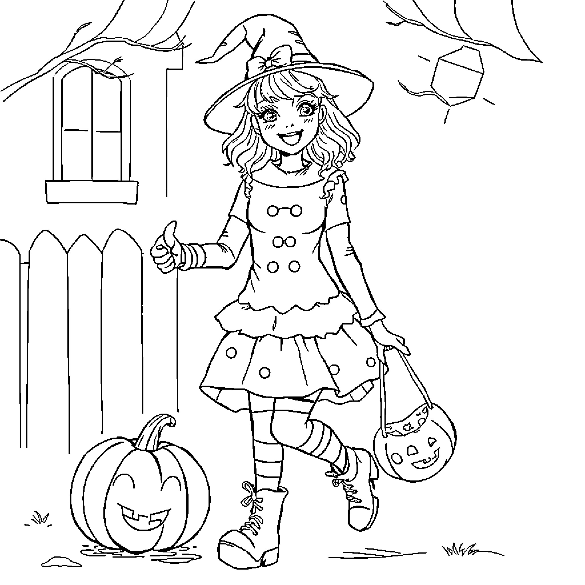 Taylor Swift in a whimsical Halloween costume Coloring Page (free black-and-white line drawing printable PDF for all, from beginners to advanced learners, including children, teens, adults, and seniors)