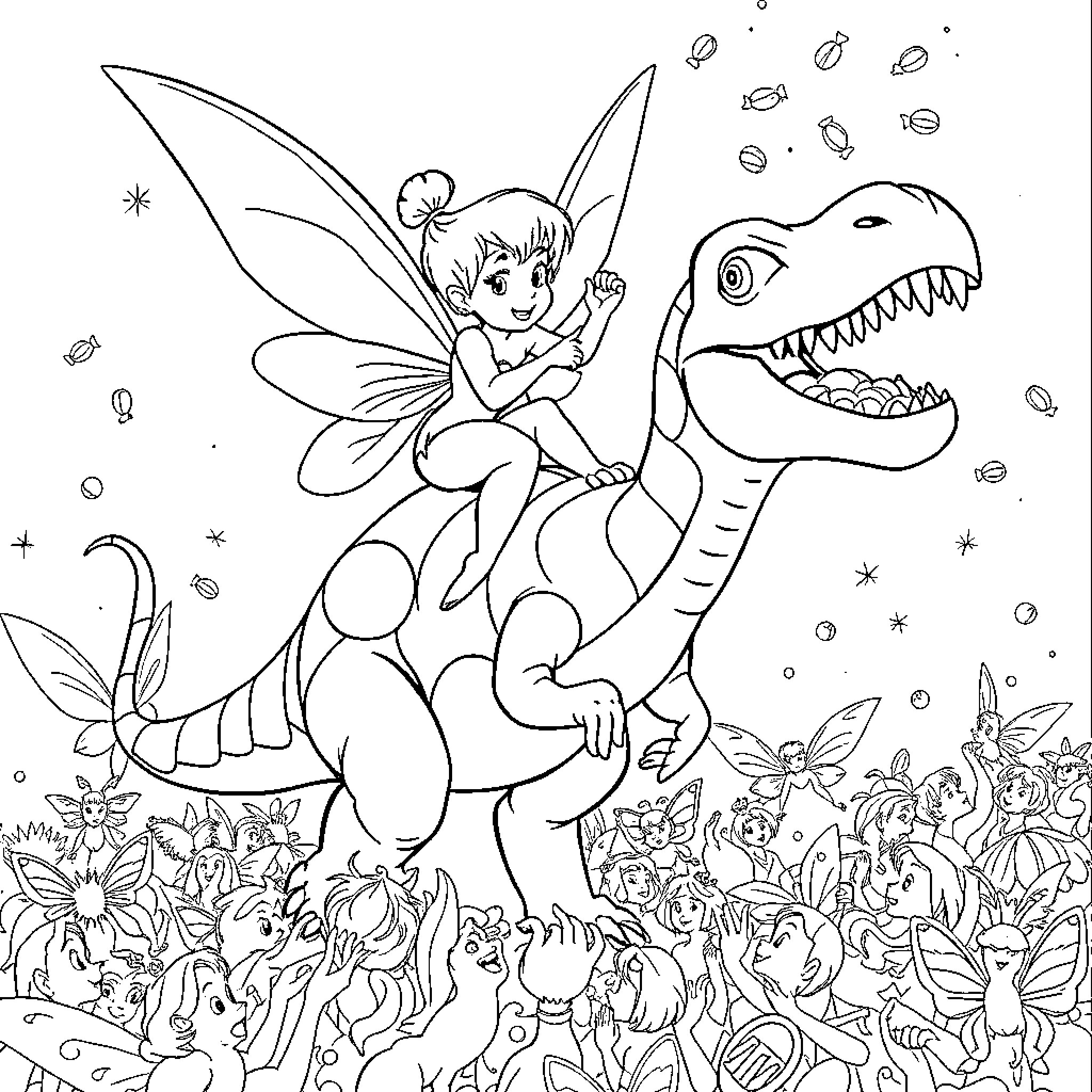 Tinkerbell playing with a friendly dinosaur Coloring Page (free black-and-white line drawing printable PDF for all, from beginners to advanced learners, including children, teens, adults, and seniors)