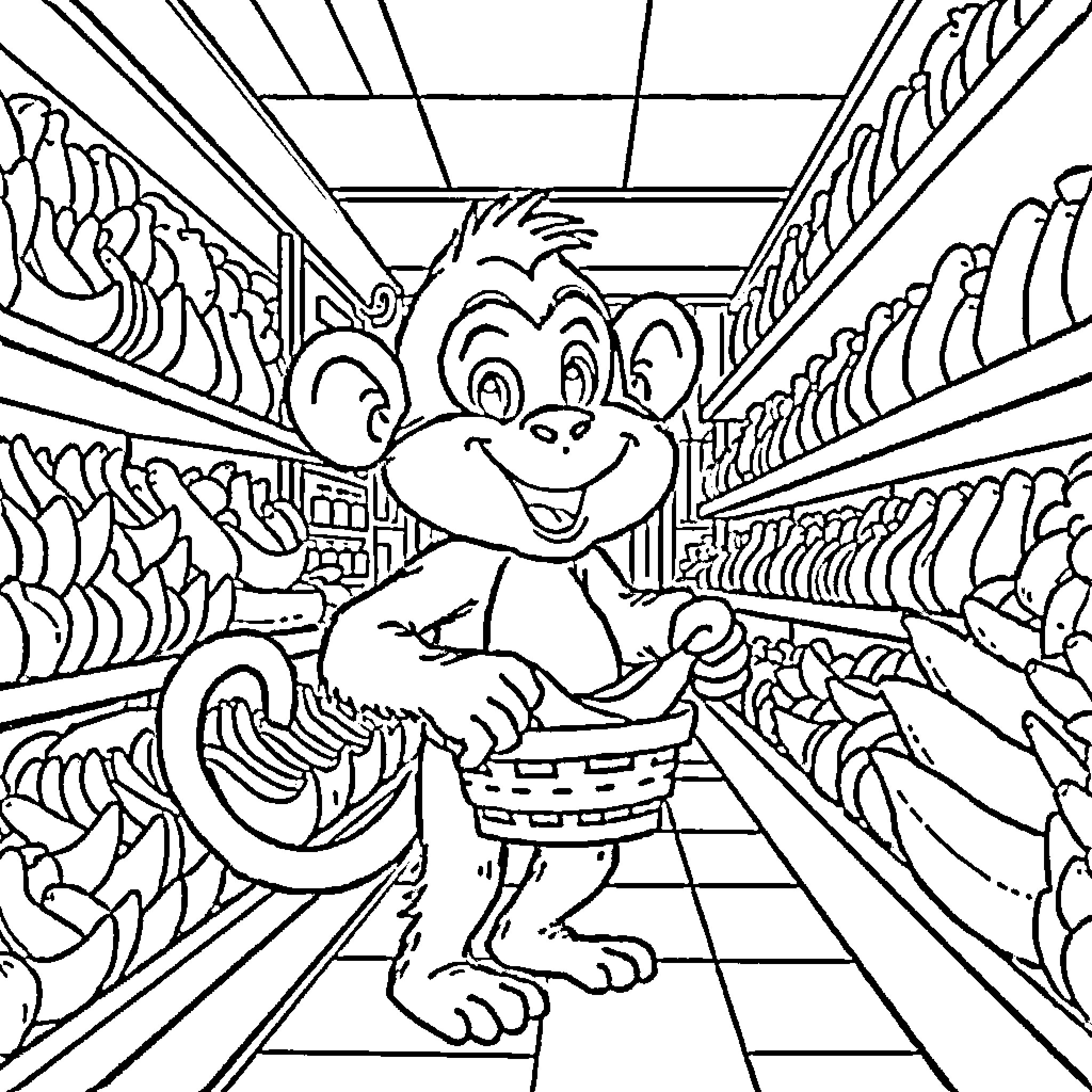 Monkey shopping happily in the grocery store Coloring Page (free black-and-white line drawing printable PDF for all, from beginners to advanced learners, including children, teens, adults, and seniors)