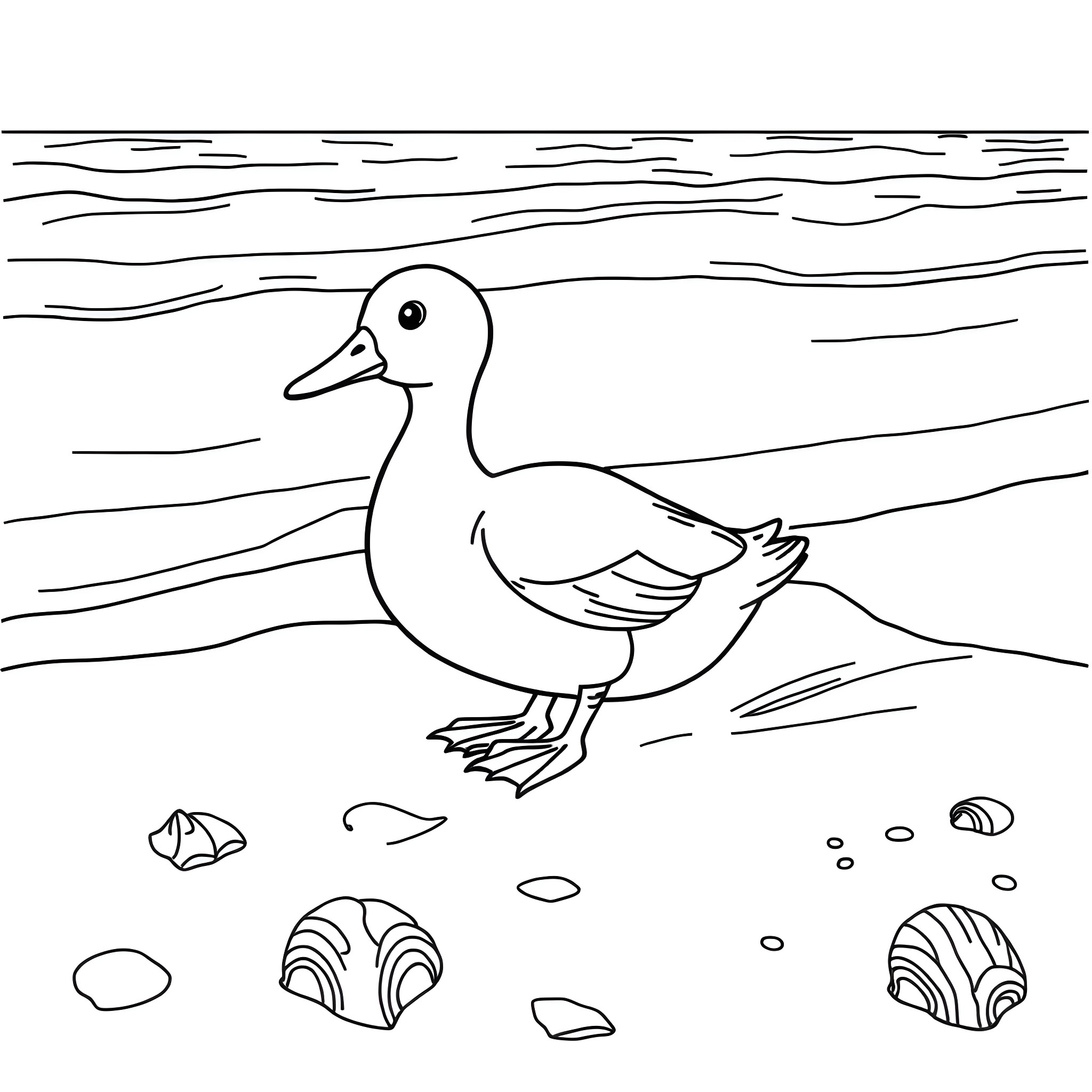 Duck waddling on the beach Coloring Page (free black-and-white line drawing printable PDF for all, from beginners to advanced learners, including children, teens, adults, and seniors)