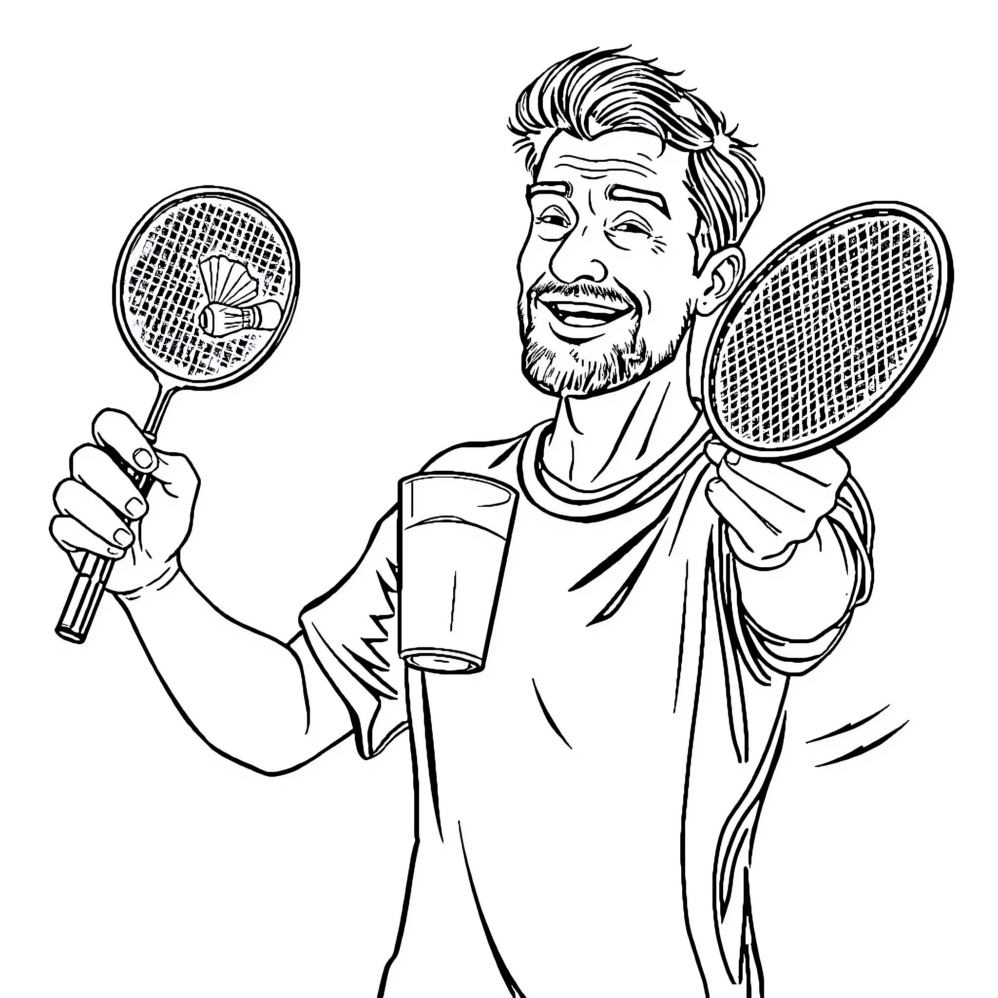 Dad plays tennis with excitement Coloring Page (free black-and-white line drawing printable PDF for all, from beginners to advanced learners, including children, teens, adults, and seniors)