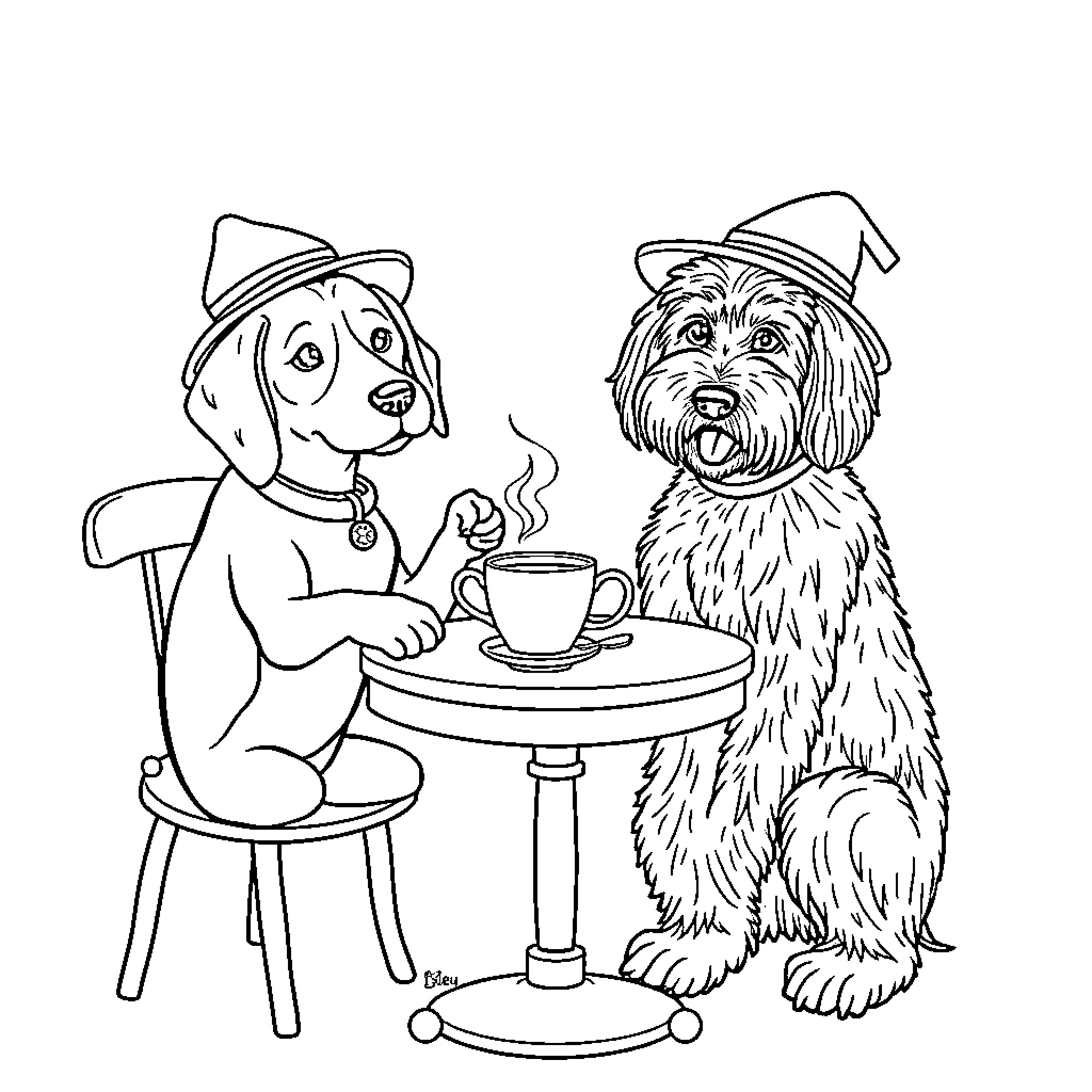 Beagle dogs enjoying a coffee break together Coloring Page (free black-and-white line drawing printable PDF for all, from beginners to advanced learners, including children, teens, adults, and seniors)