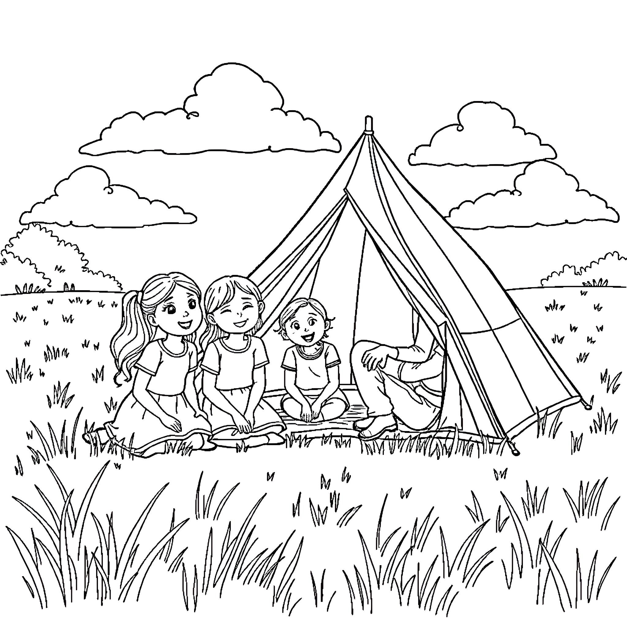 Dad enjoys camping trip with family in nature Coloring Page (free black-and-white line drawing printable PDF for all, from beginners to advanced learners, including children, teens, adults, and seniors)