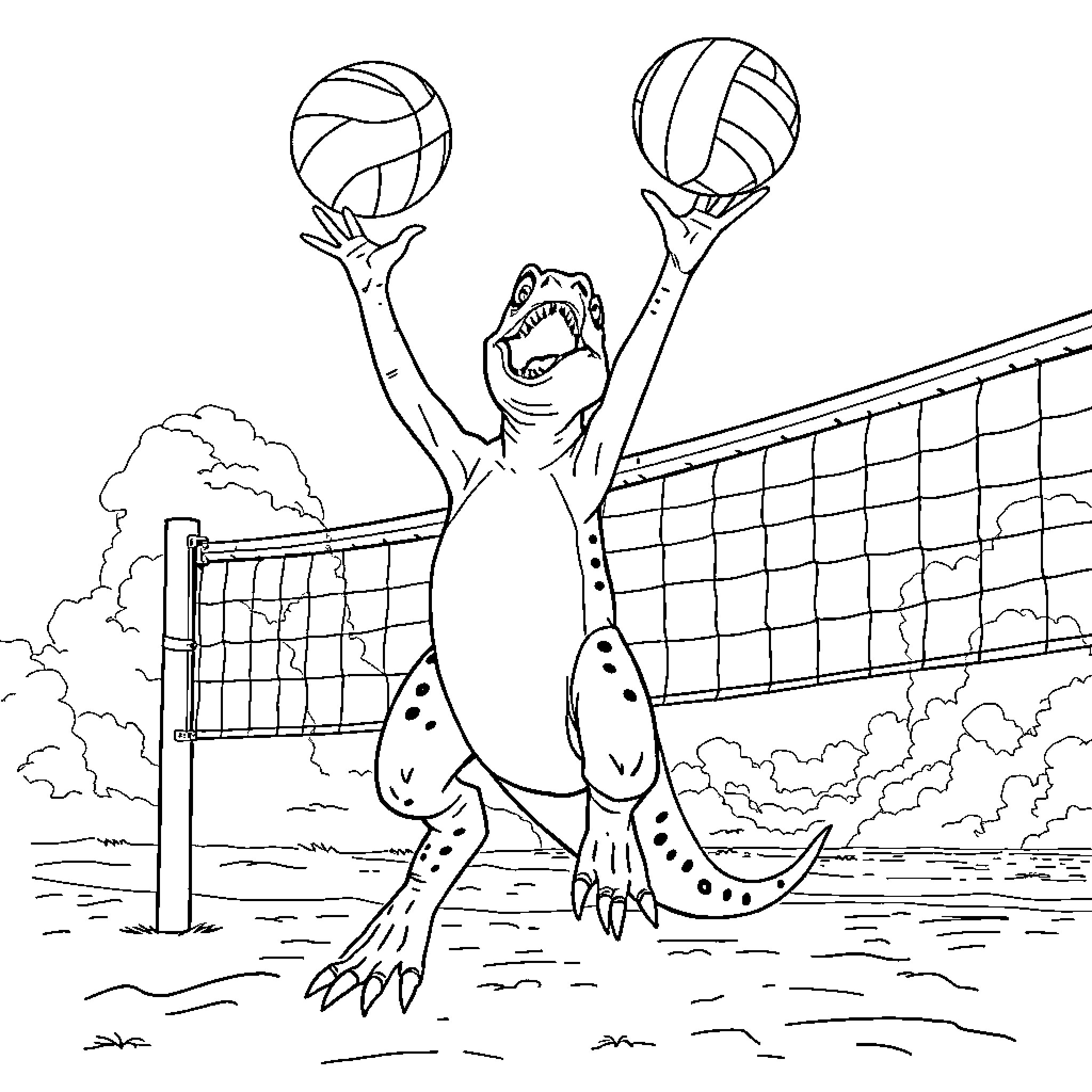 Huntrex dinosaur playing volleyball with enthusiasm Coloring Page (free black-and-white line drawing printable PDF for all, from beginners to advanced learners, including children, teens, adults, and seniors)