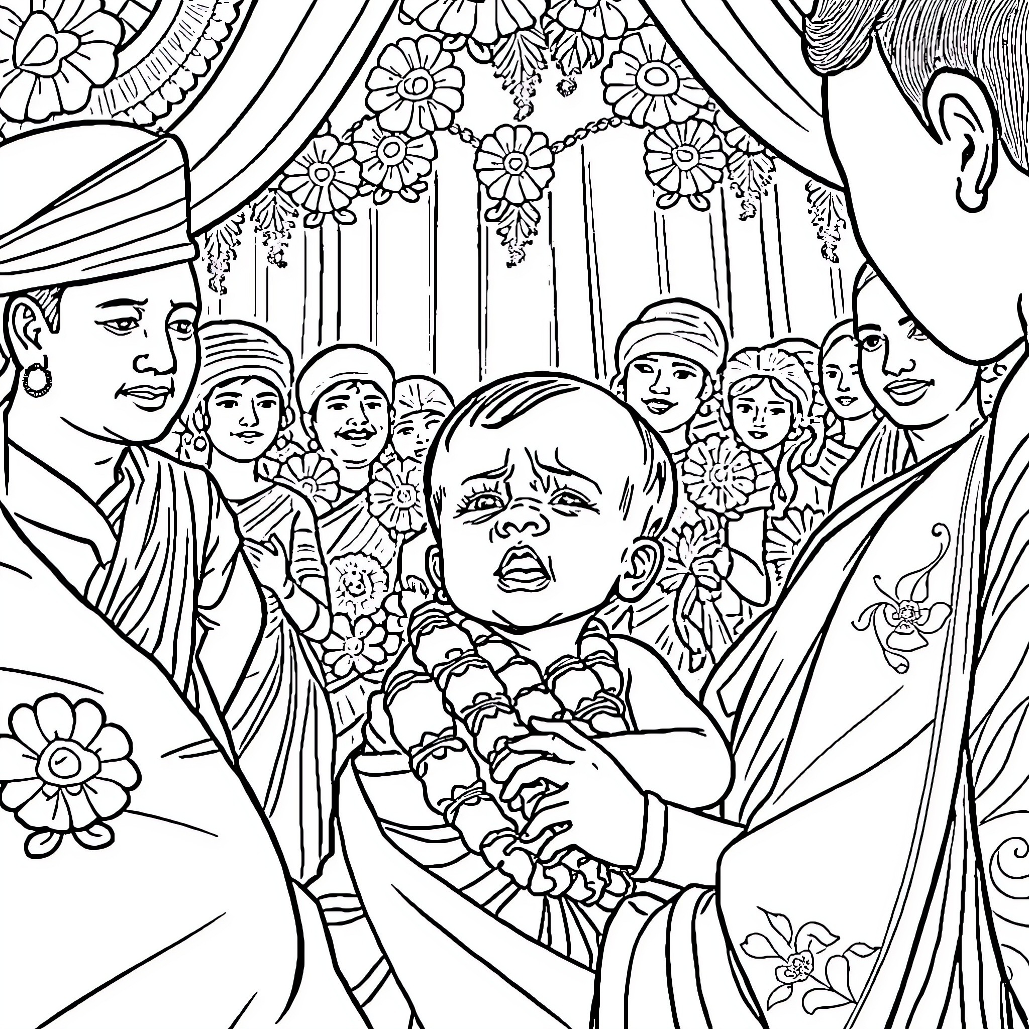 Baby surrounded by loving family and vibrant floral decor Coloring Page (free black-and-white line drawing printable PDF for all, from beginners to advanced learners, including children, teens, adults, and seniors)