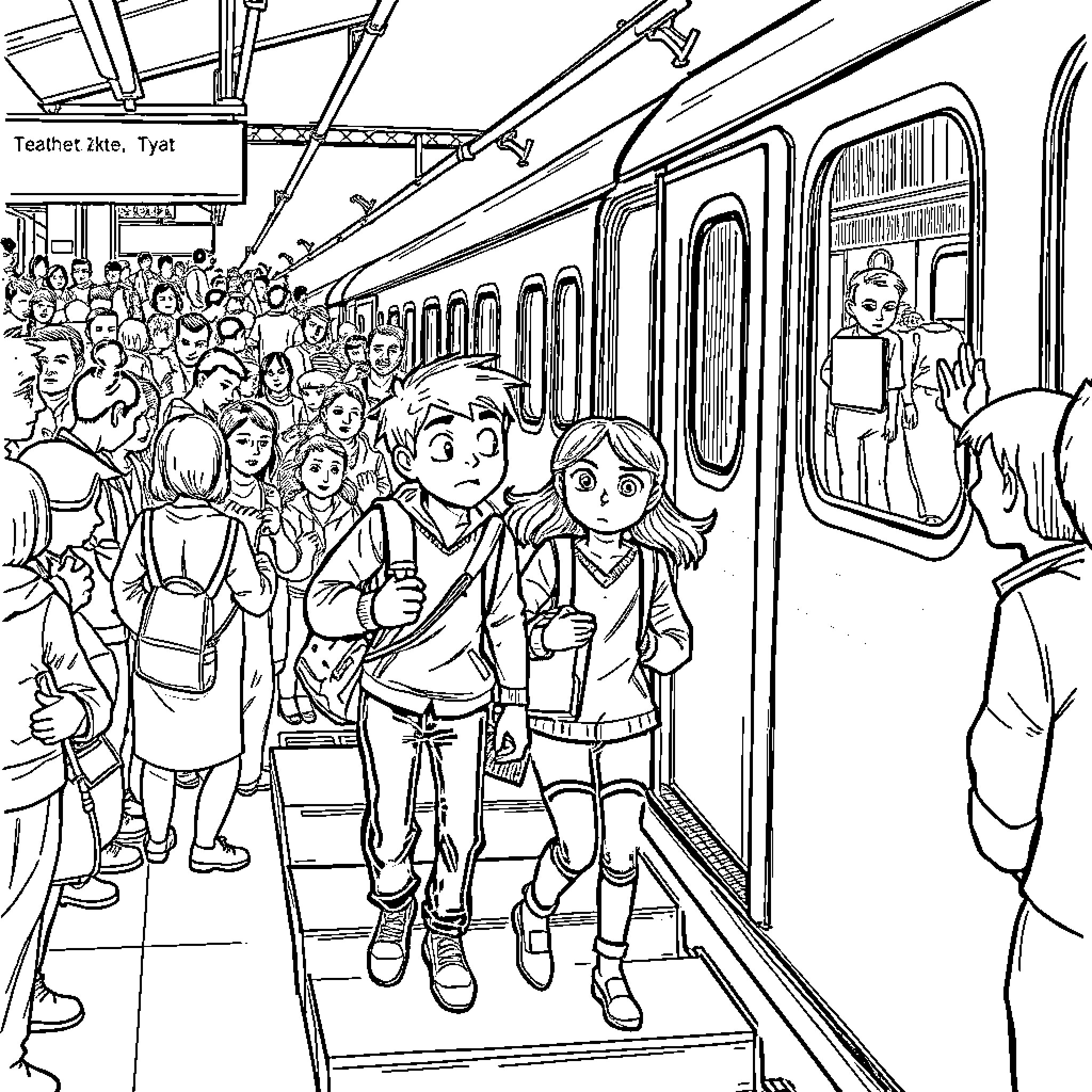 Train Passengers Boarding and Exiting Crowded Subway Coloring Page (free black-and-white line drawing printable PDF for all, from beginners to advanced learners, including children, teens, adults, and seniors)