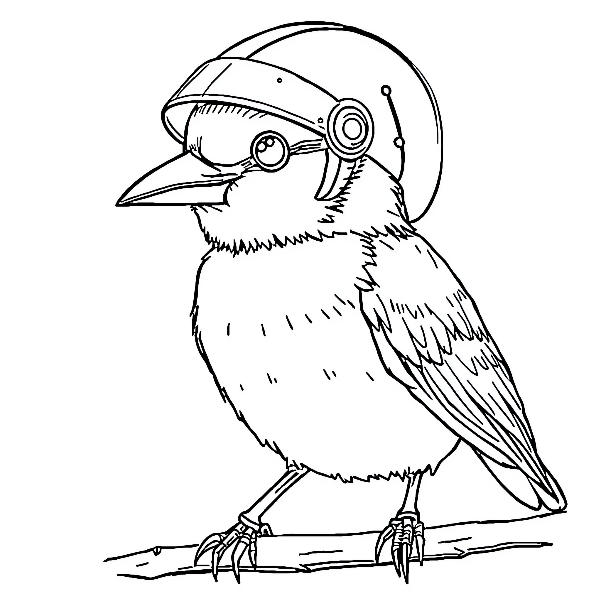 Bird with futuristic helmet Coloring Page (free black-and-white line drawing printable PDF for all, from beginners to advanced learners, including children, teens, adults, and seniors)