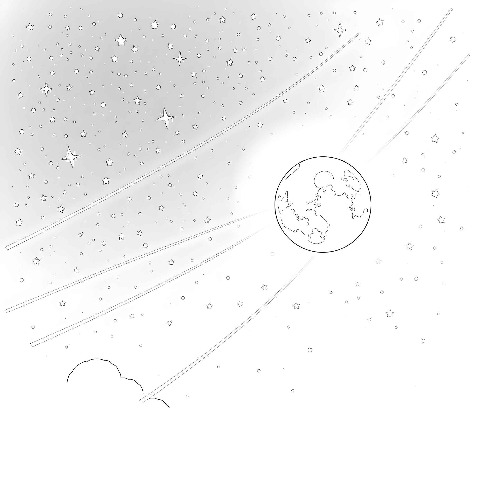 Star journey through the night sky Coloring Page (free black-and-white line drawing printable PDF for all, from beginners to advanced learners, including children, teens, adults, and seniors)