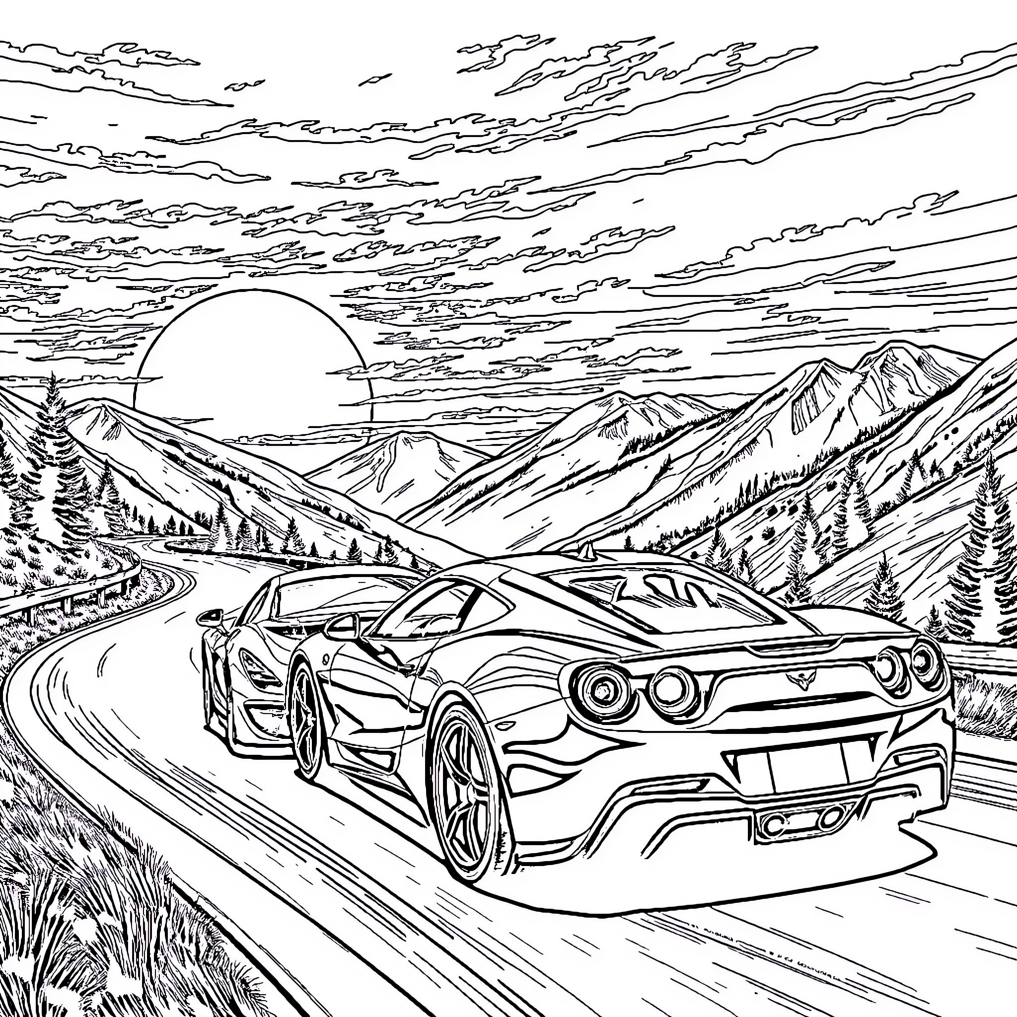 Sports Car Racing Through Scenic Mountain Landscape Coloring Page (free black-and-white line drawing printable PDF for all, from beginners to advanced learners, including children, teens, adults, and seniors)