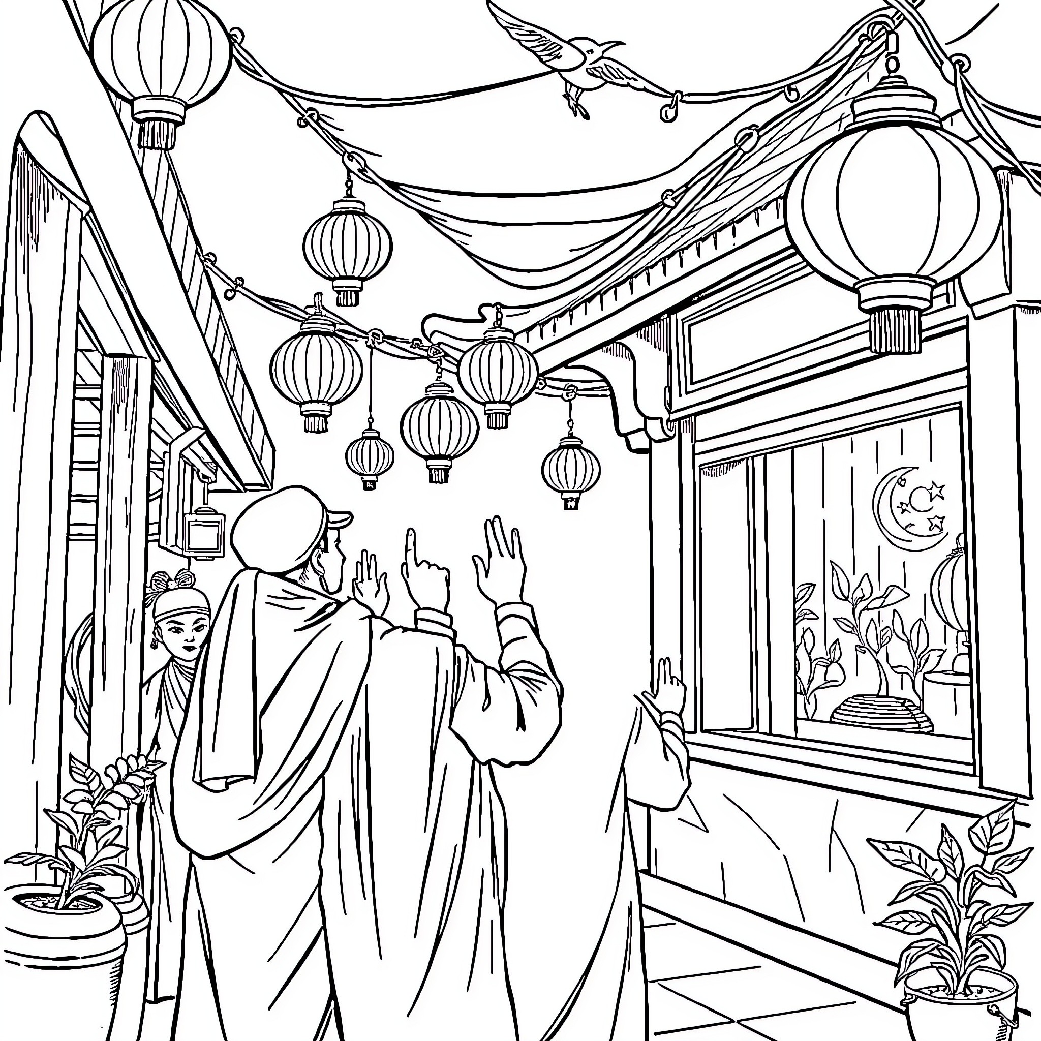 Sahur celebration in a traditional marketplace Coloring Page (free black-and-white line drawing printable PDF for all, from beginners to advanced learners, including children, teens, adults, and seniors)
