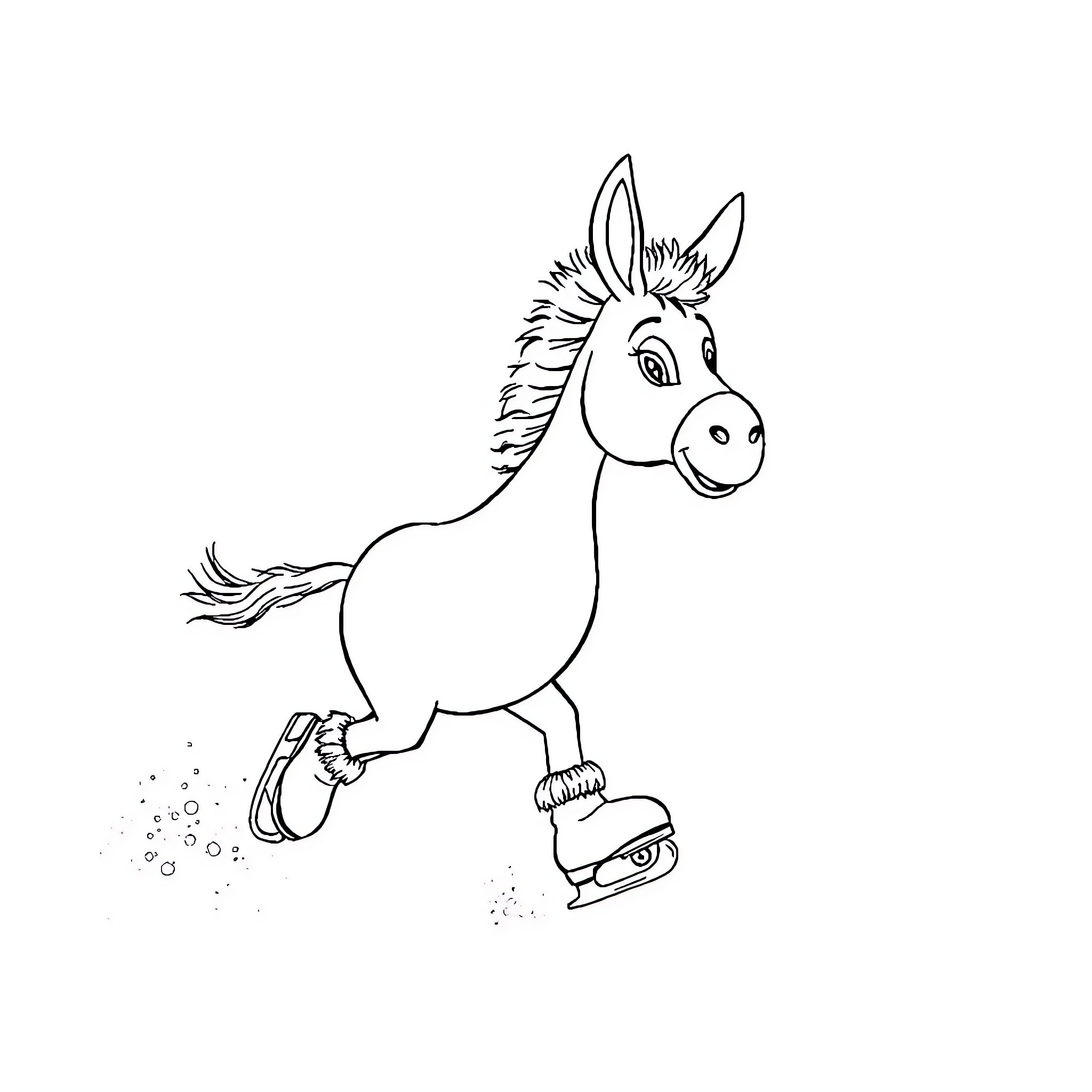 Donkey ice skating joyfully Coloring Page (free black-and-white line drawing printable PDF for all, from beginners to advanced learners, including children, teens, adults, and seniors)