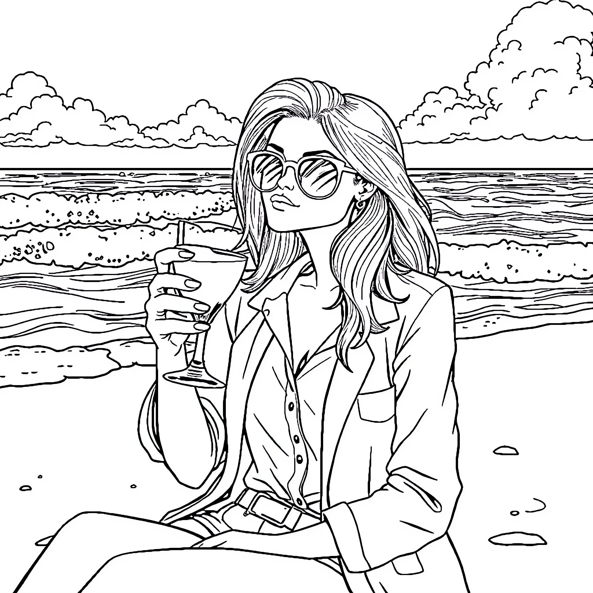 Professor relaxing on the beach with a drink Coloring Page (free black-and-white line drawing printable PDF for all, from beginners to advanced learners, including children, teens, adults, and seniors)