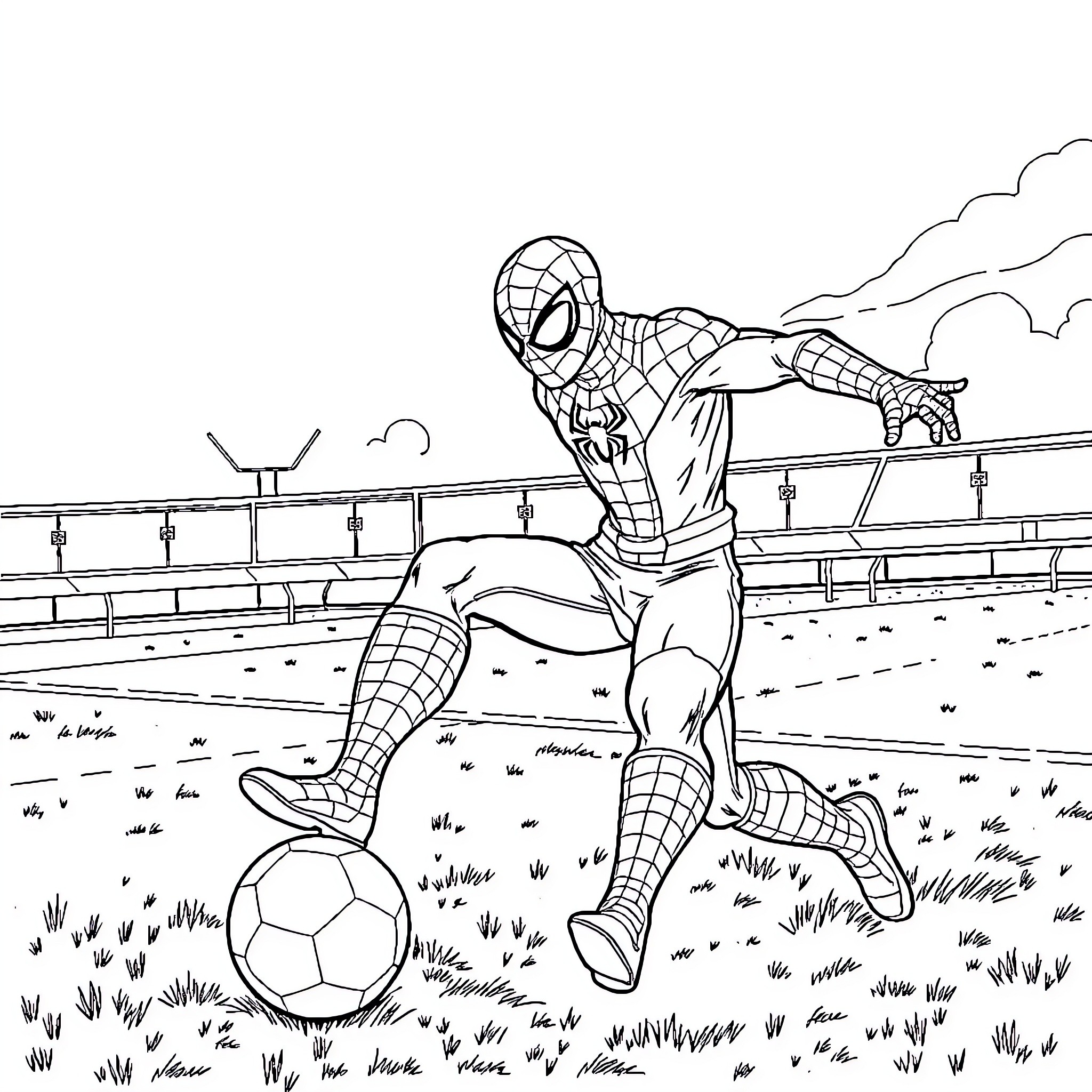 Spiderman playing soccer on the field Coloring Page (free black-and-white line drawing printable PDF for all, from beginners to advanced learners, including children, teens, adults, and seniors)