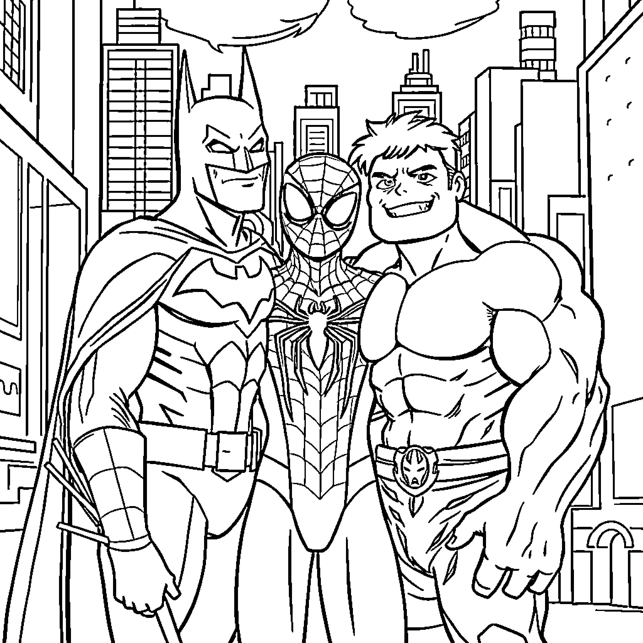 Superhero trio defending the city Coloring Page (free black-and-white line drawing printable PDF for all, from beginners to advanced learners, including children, teens, adults, and seniors)