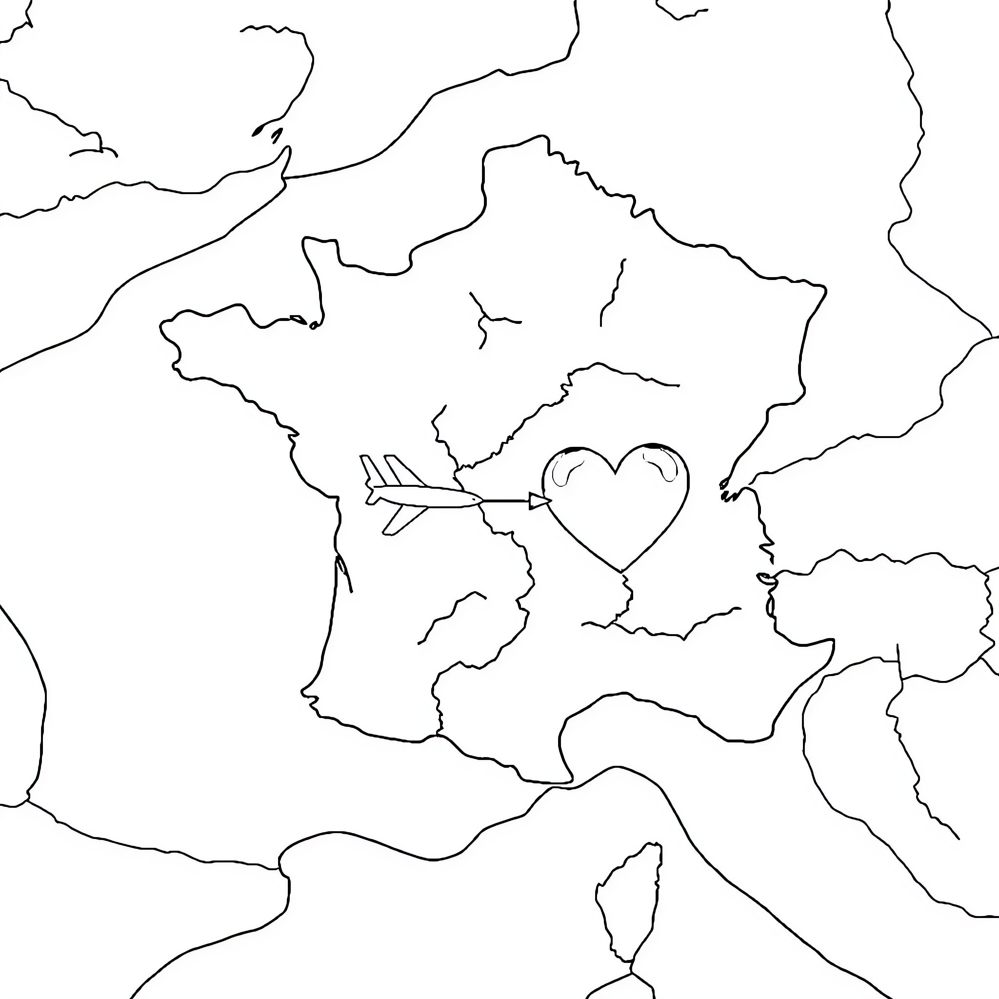Map of love and travel Coloring Page (free black-and-white line drawing printable PDF for all, from beginners to advanced learners, including children, teens, adults, and seniors)
