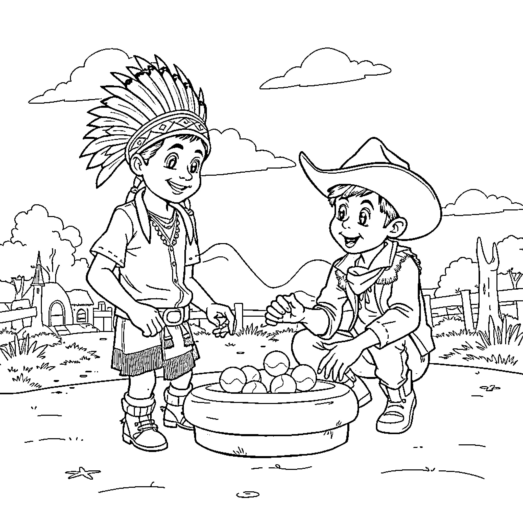 Indian Children Playing with Toys in Countryside Coloring Page (free black-and-white line drawing printable PDF for all, from beginners to advanced learners, including children, teens, adults, and seniors)