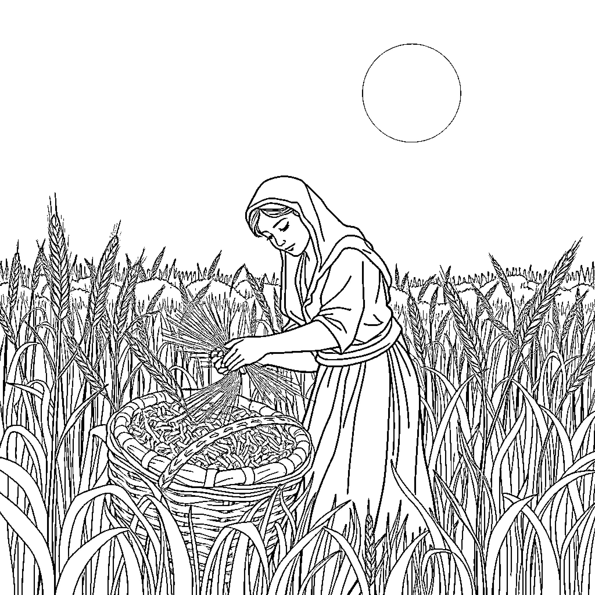 Ruth harvesting wheat in the field Coloring Page (free black-and-white line drawing printable PDF for all, from beginners to advanced learners, including children, teens, adults, and seniors)
