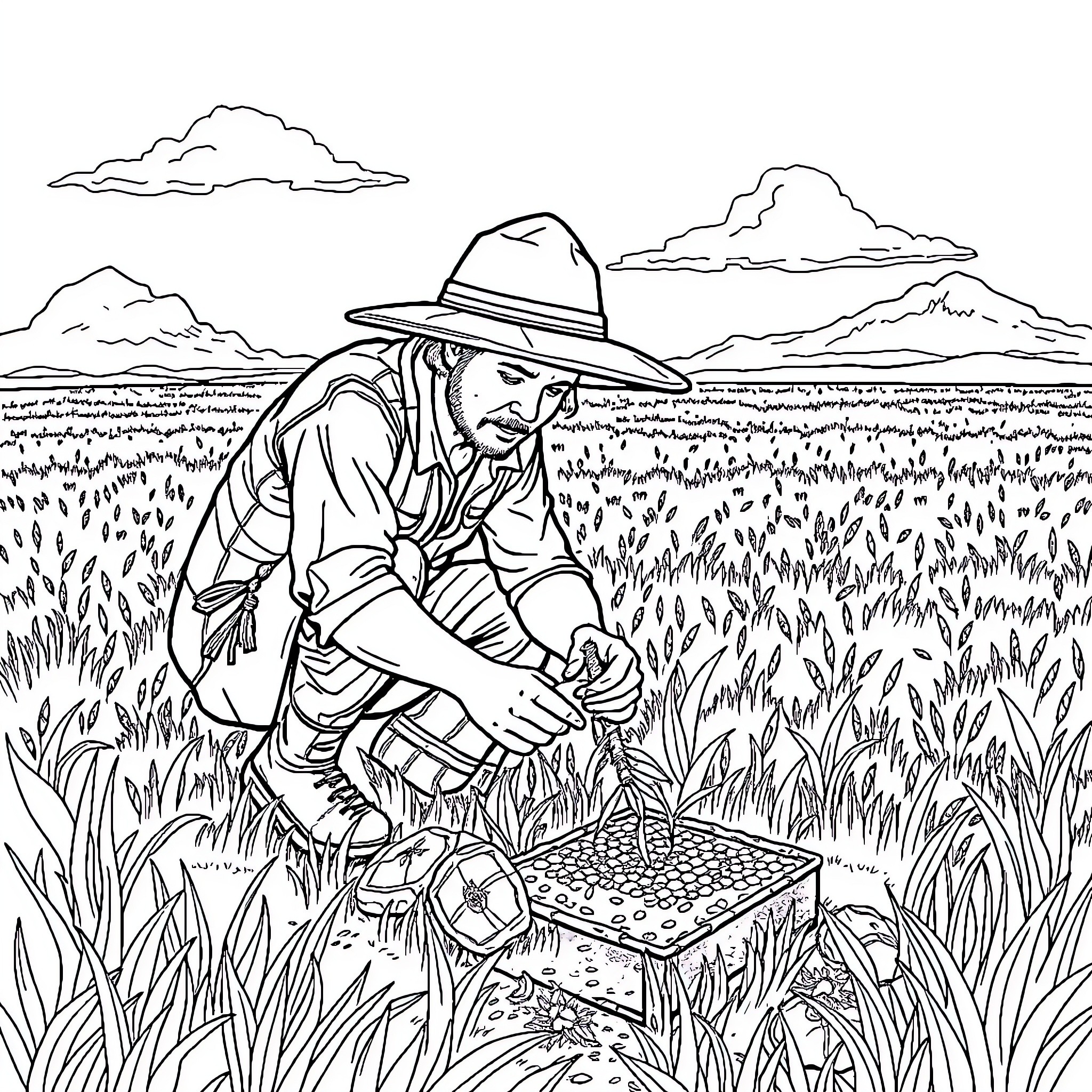 Campesino harvesting crops in the field Coloring Page (free black-and-white line drawing printable PDF for all, from beginners to advanced learners, including children, teens, adults, and seniors)