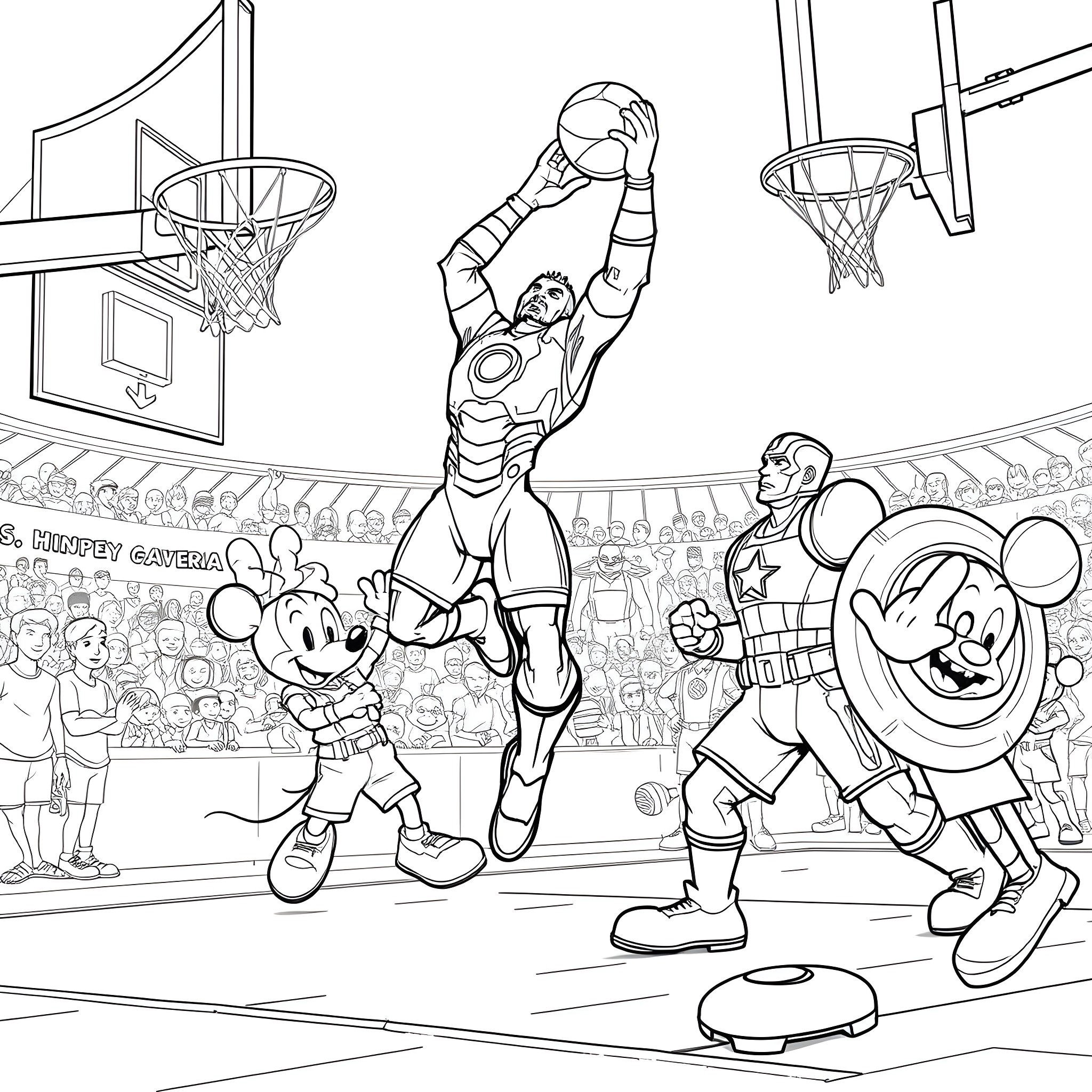 Avenger Basketball Tournament in Stadium Coloring Page (free black-and-white line drawing printable PDF for all, from beginners to advanced learners, including children, teens, adults, and seniors)