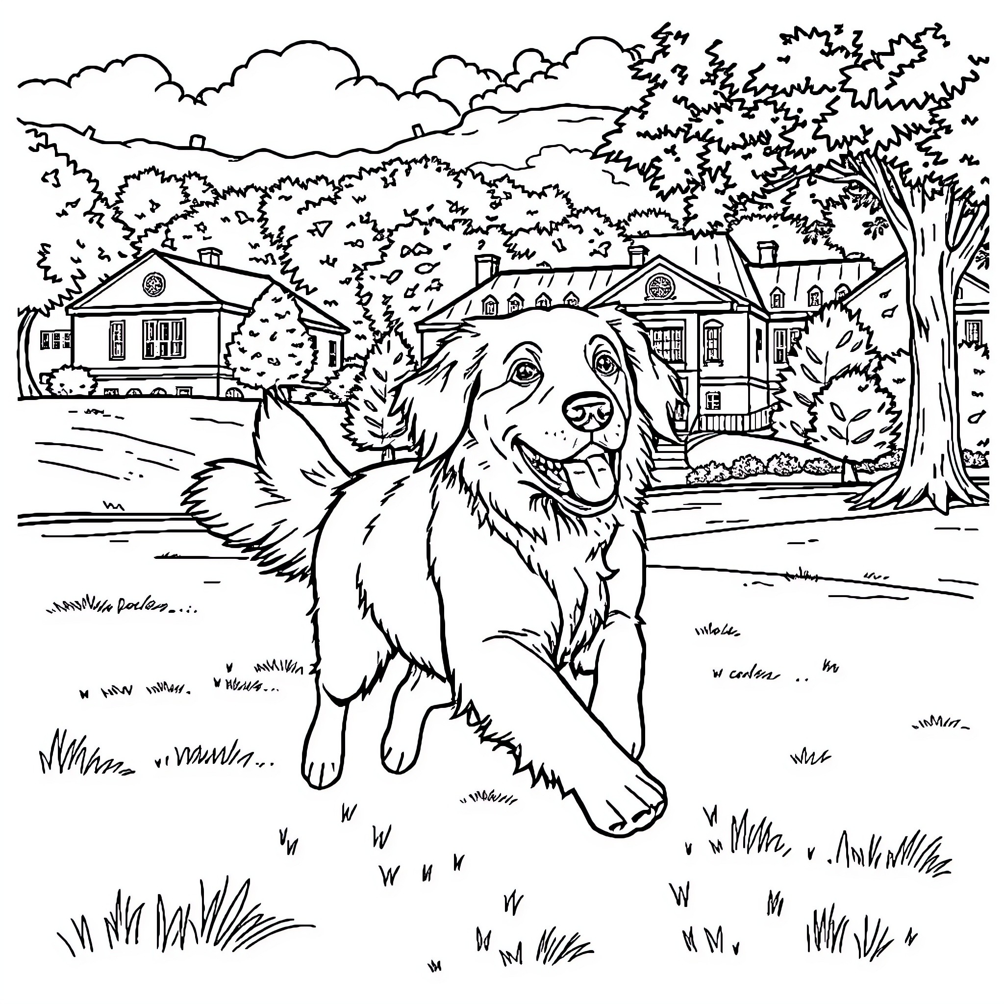 Golden Retriever enjoying a sunny day in the park Coloring Page (free black-and-white line drawing printable PDF for all, from beginners to advanced learners, including children, teens, adults, and seniors)