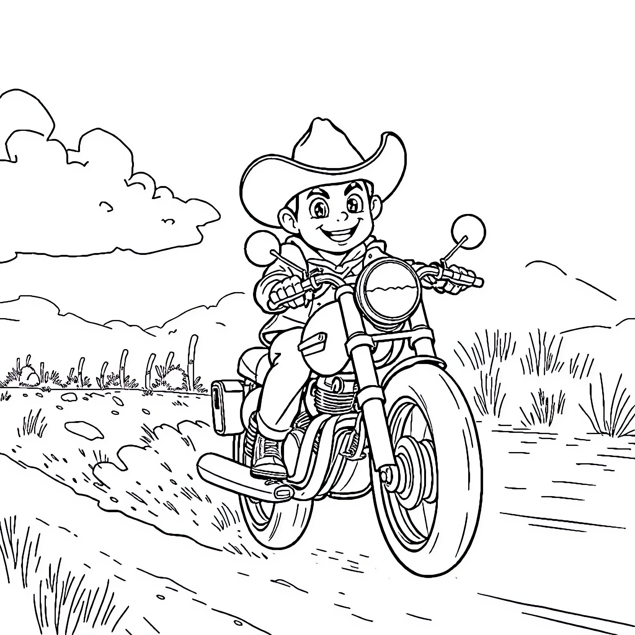 Rango riding on a motorcycle through the desert Coloring Page (free black-and-white line drawing printable PDF for all, from beginners to advanced learners, including children, teens, adults, and seniors)