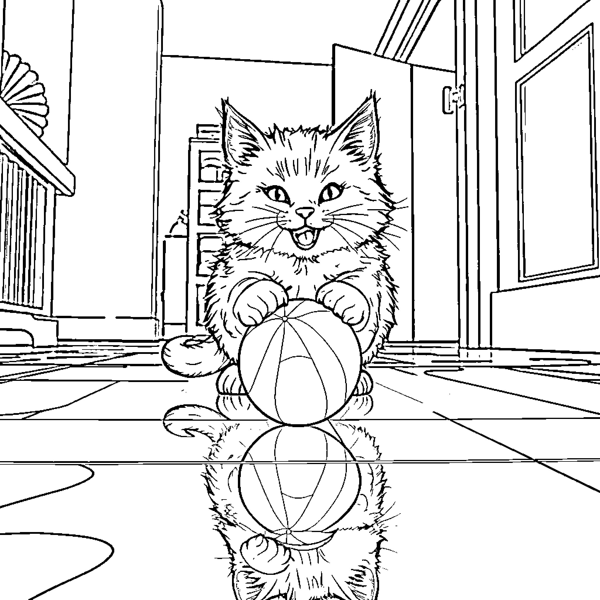 Cat Playing with Ball on Porch Coloring Page (free black-and-white line drawing printable PDF for all, from beginners to advanced learners, including children, teens, adults, and seniors)