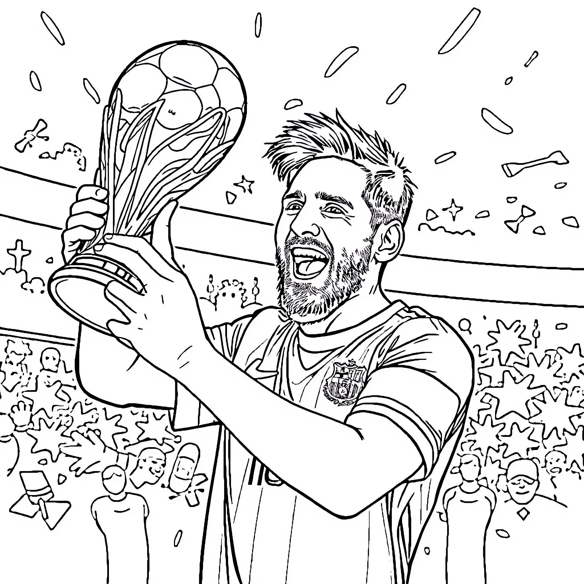 Messi Celebrating FIFA World Cup Victory Coloring Page (free black-and-white line drawing printable PDF for all, from beginners to advanced learners, including children, teens, adults, and seniors)