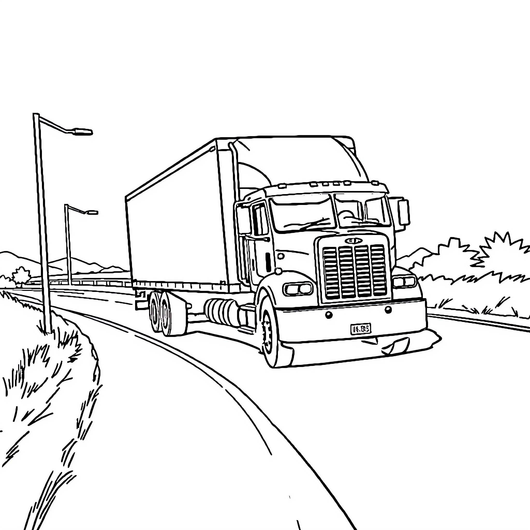 Truck driving on the highway Coloring Page (free black-and-white line drawing printable PDF for all, from beginners to advanced learners, including children, teens, adults, and seniors)