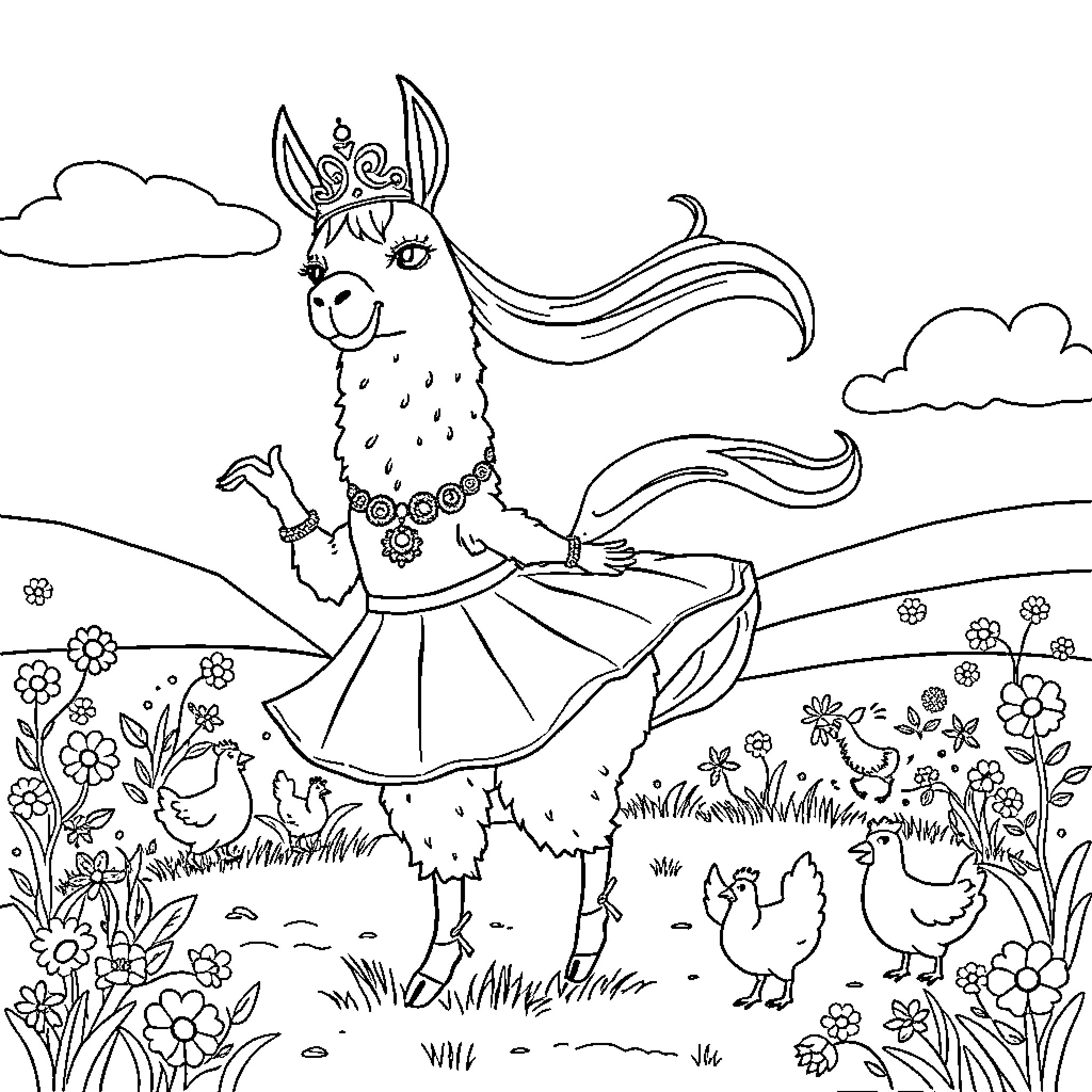 Llama in festive outfit enjoying nature Coloring Page (free black-and-white line drawing printable PDF for all, from beginners to advanced learners, including children, teens, adults, and seniors)