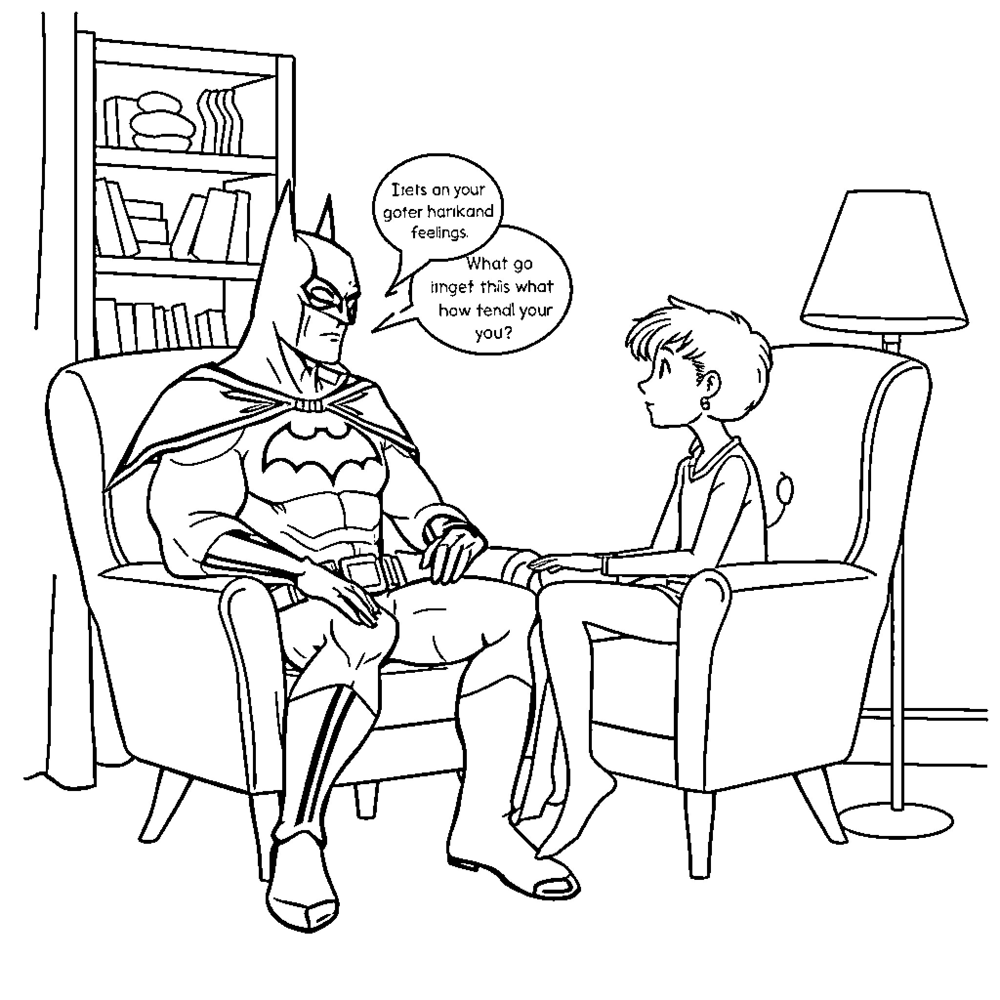 Batman counseling a child in his home Coloring Page (free black-and-white line drawing printable PDF for all, from beginners to advanced learners, including children, teens, adults, and seniors)