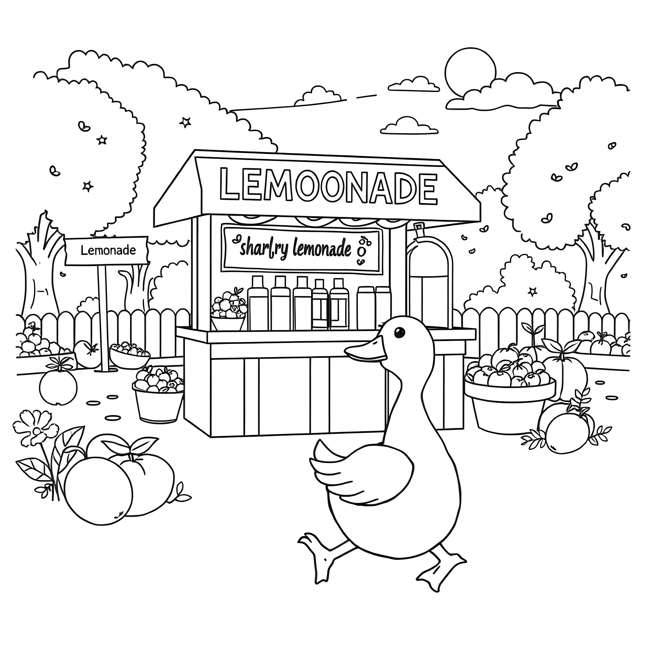 Duck running a lemonade stand in the park Coloring Page (free black-and-white line drawing printable PDF for all, from beginners to advanced learners, including children, teens, adults, and seniors)